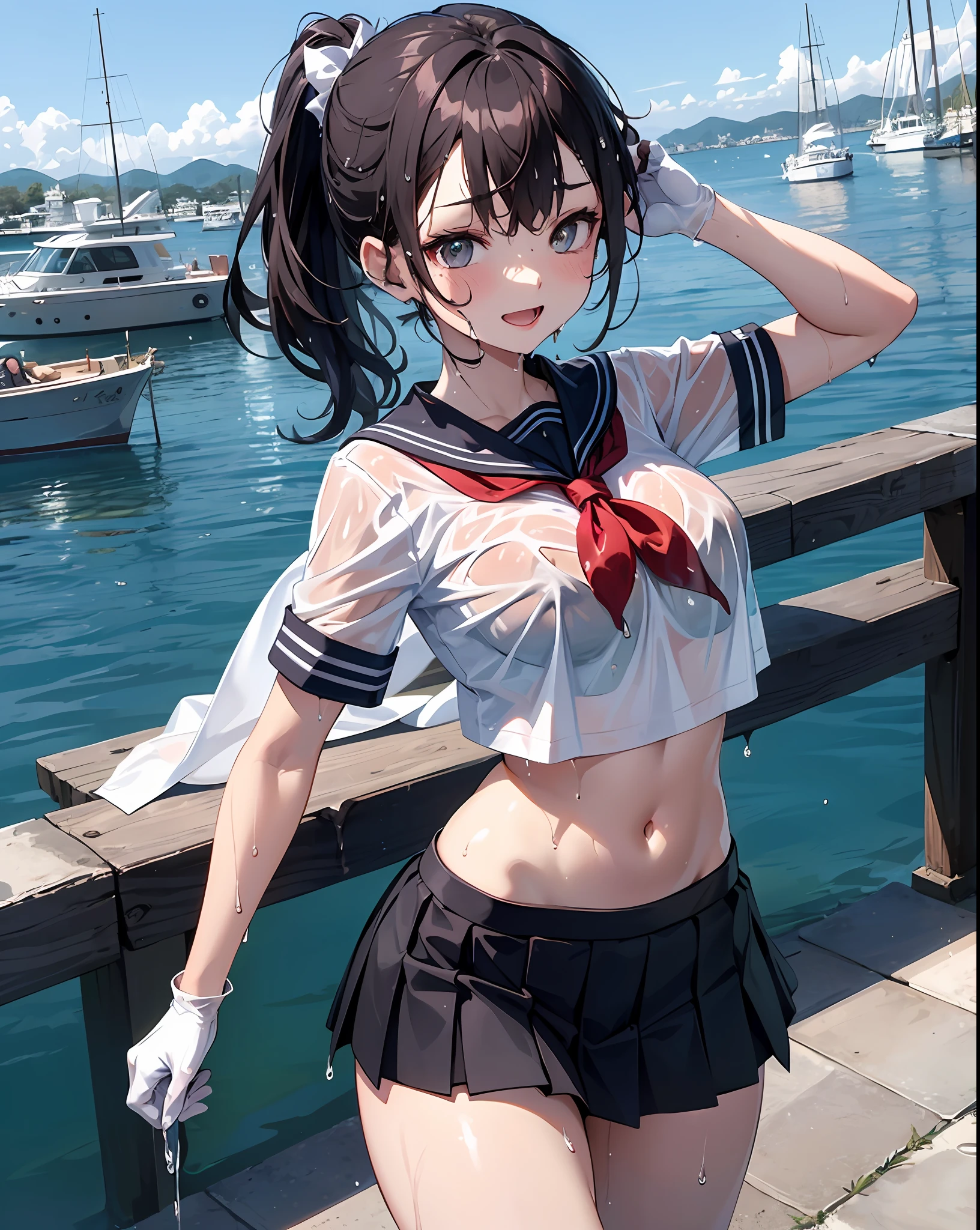 1ung_teirls、loli、bwn_hair、short_ponytail, long_bangs、blue_midriff_baring_sailor_uniform、mini_skirt、short_sleeve、thighthighs、big_tits, sleepy, Sorrisos、open_mouth、dynamic_pose, childlike_posing ,harbor,dock_background、spread_legs、happiness、NSFW、short_gloves, (wet:1.4),transparent,covered_nipples, covered_crotch, under_tits, sweat, bare_thighs, (groin:1.5),