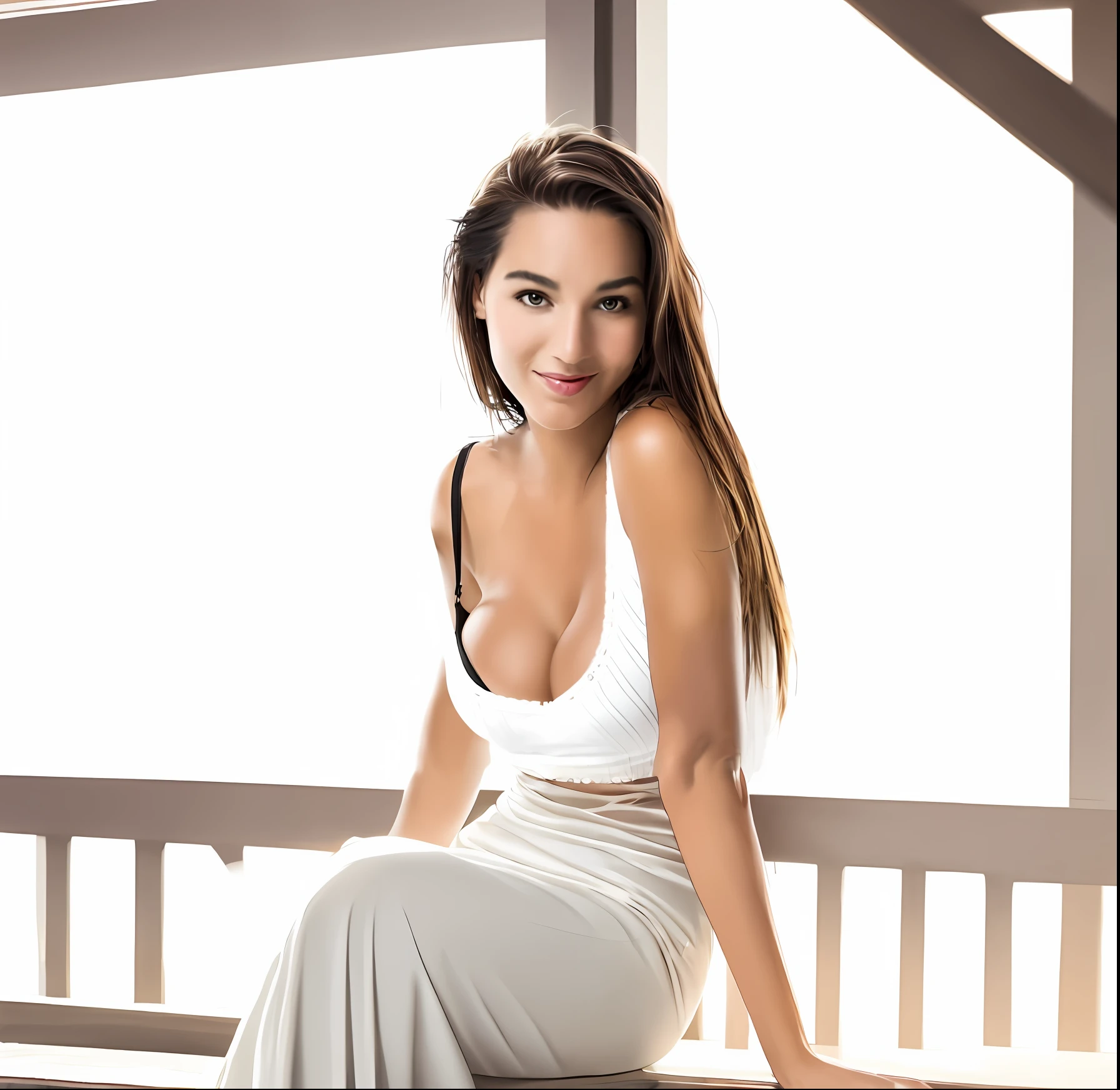 Araffe woman in a white dress posing for a photo, neckline, black bra, 2 4 years female model, cute smile seductive, portrait sophie mudd, 3 0 years old woman, 30 year old woman, seductive smile, violet myers, sexy girl, beautiful woman, attractive woman, a beautiful young woman, Blanca Alvarez, wearing bra, attractive girl
