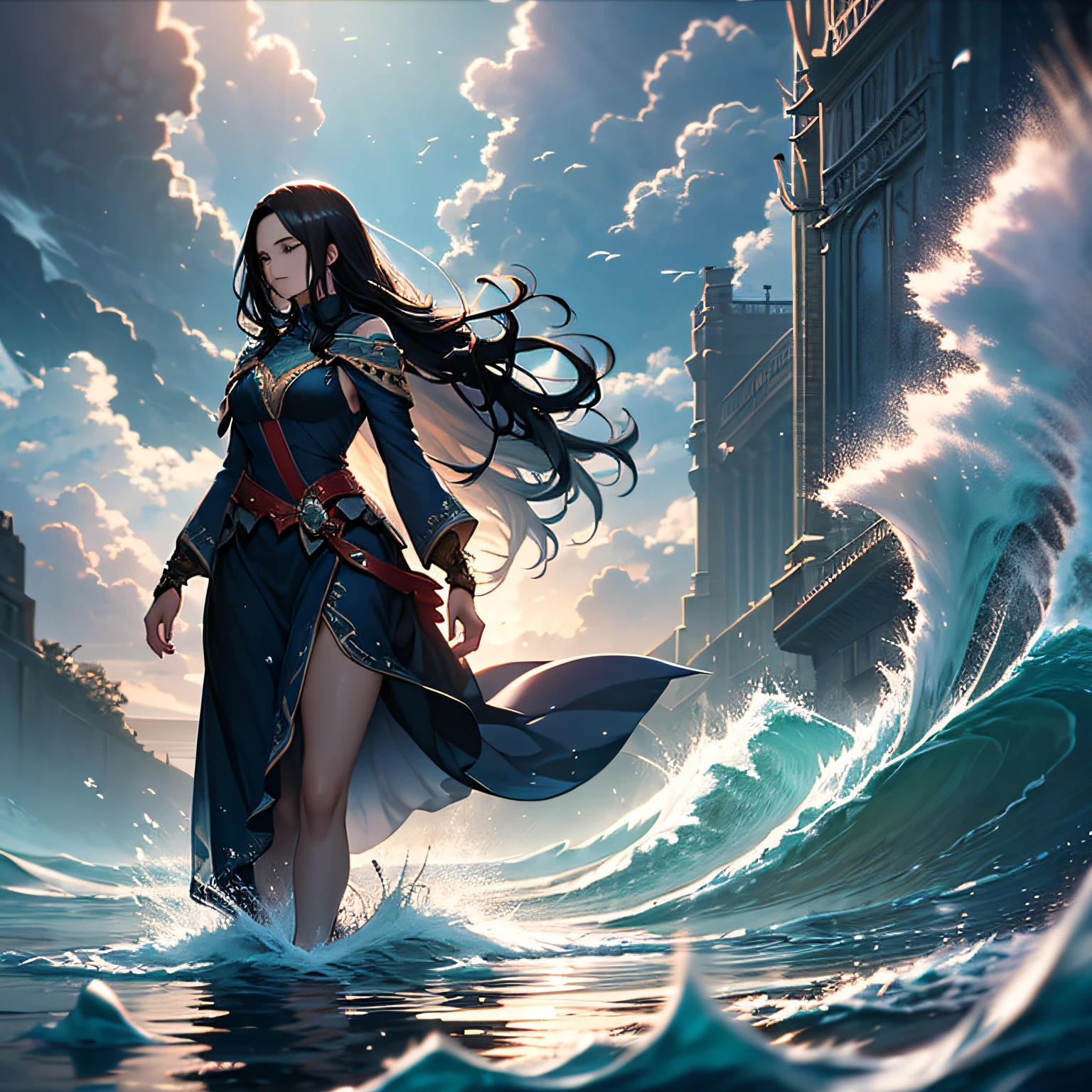 Queen of the sea, a beautiful woman with long black hair dressed in the blue of the sea, walking on the water leaving roses among the waves, cinematic, fine details, 8k, dark shot, soft volumetric lights, backlit, intricate details, hdr, ray tracing, fantasy