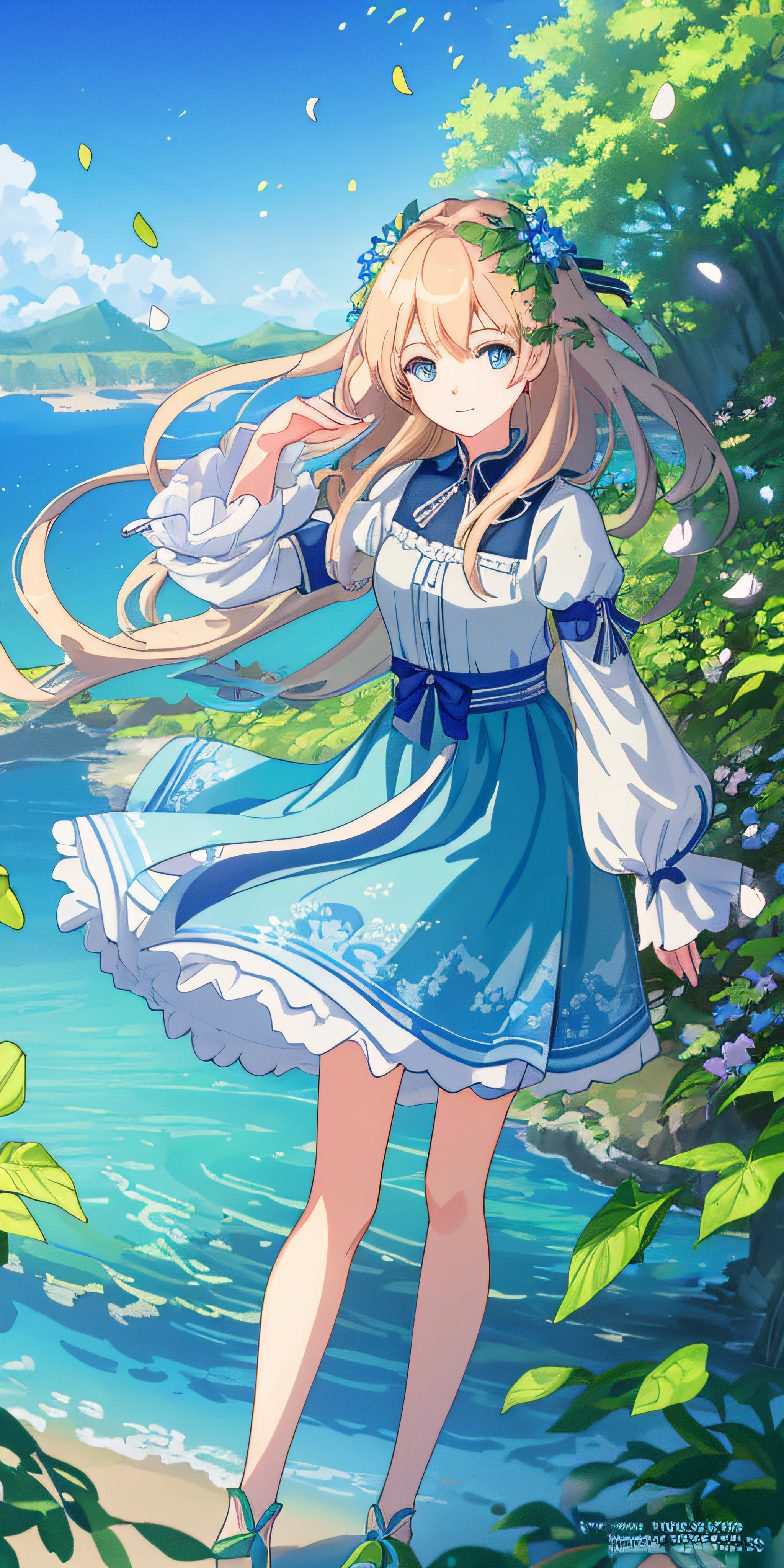 Masterpiece, best quality, (very detailed CG unity 8k wallpaper) (best quality), (best illustration), (best shadows) Nature', blue sea,delicate leaves petals of various colors falling in the air light Tracking, super detailed --v6