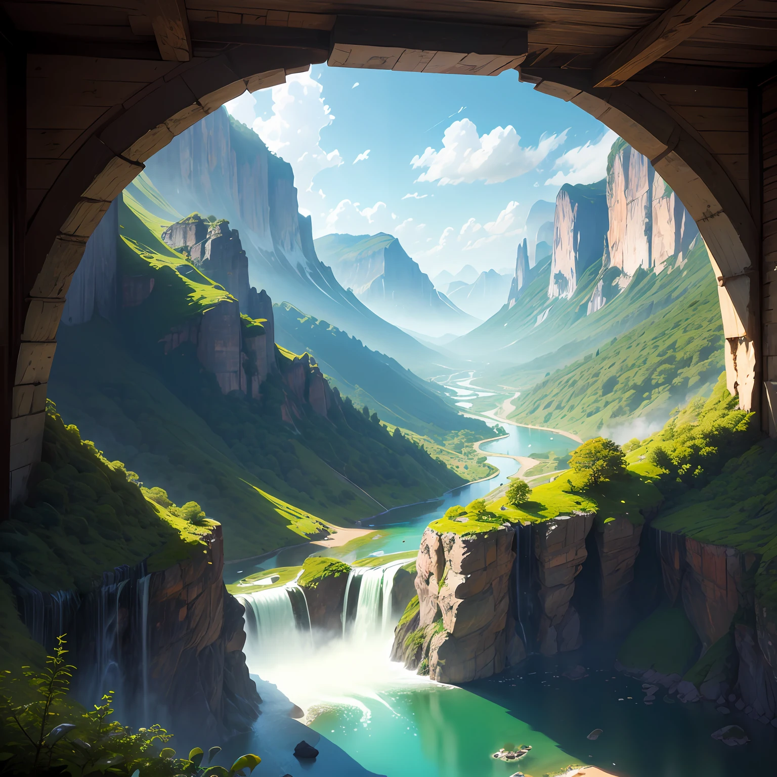 Stunning and overwhelming view, picturesque and serene environment, a perfect mix of nature and colors, a feast for the eyes, panoramic view, powerful mountains, waterfall on a mountain, sparkling waters, verdant valleys, the play of light and shadows, a surreal and dreamlike experience. --auto