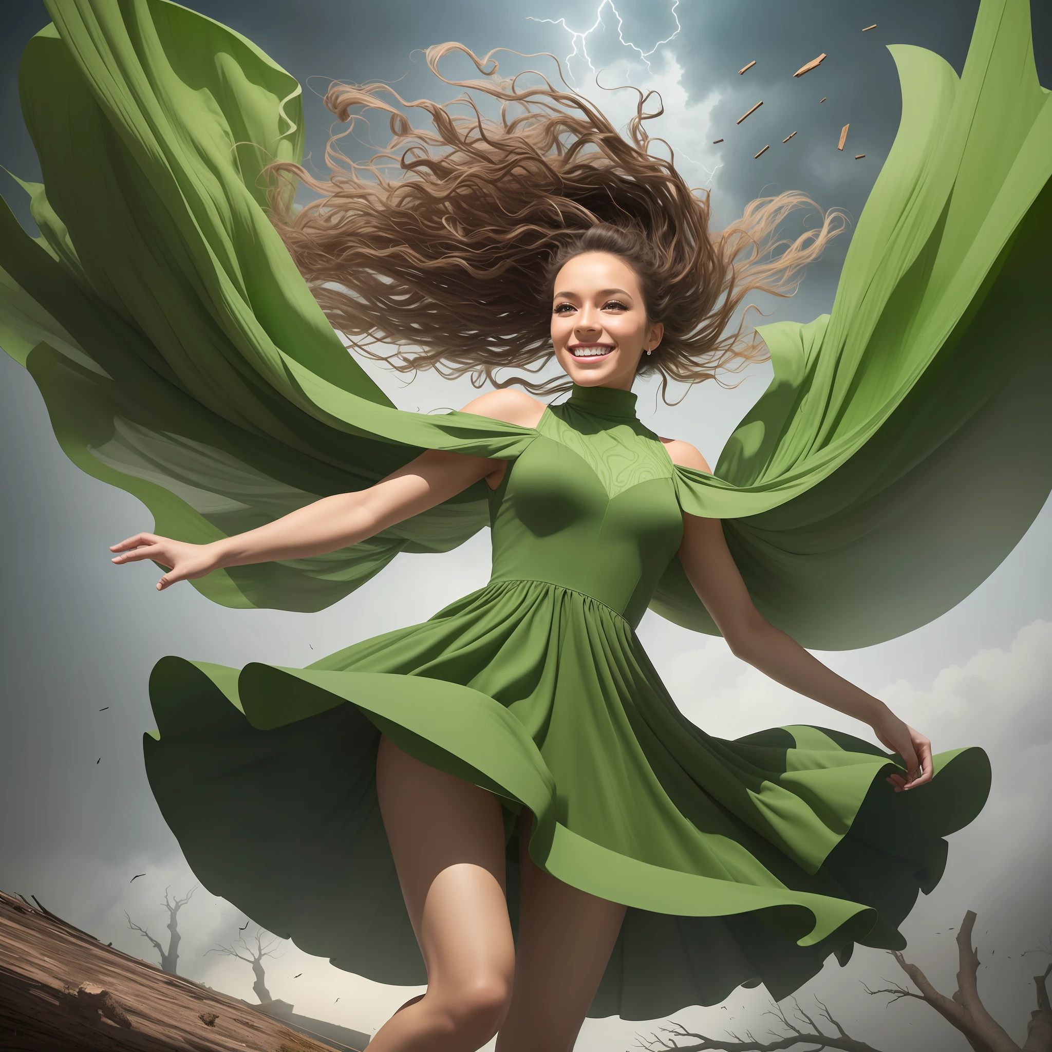Outfit: A swirling dress in vibrant shades of green, representing the energy of a tornado.
Props: Carried a small-scale model of a farmhouse being lifted into the air.
Makeup: Dark, smudged eyes, reminiscent of the swirling winds within a tornado.
Hairstyle: Wild, untamed hair, resembling the twisting motion of a tornado.
Expression: A mischievous smile, capturing the unpredictable and destructive nature of a tornado.
Background Design: A rural landscape with uprooted trees and debris flying through the air