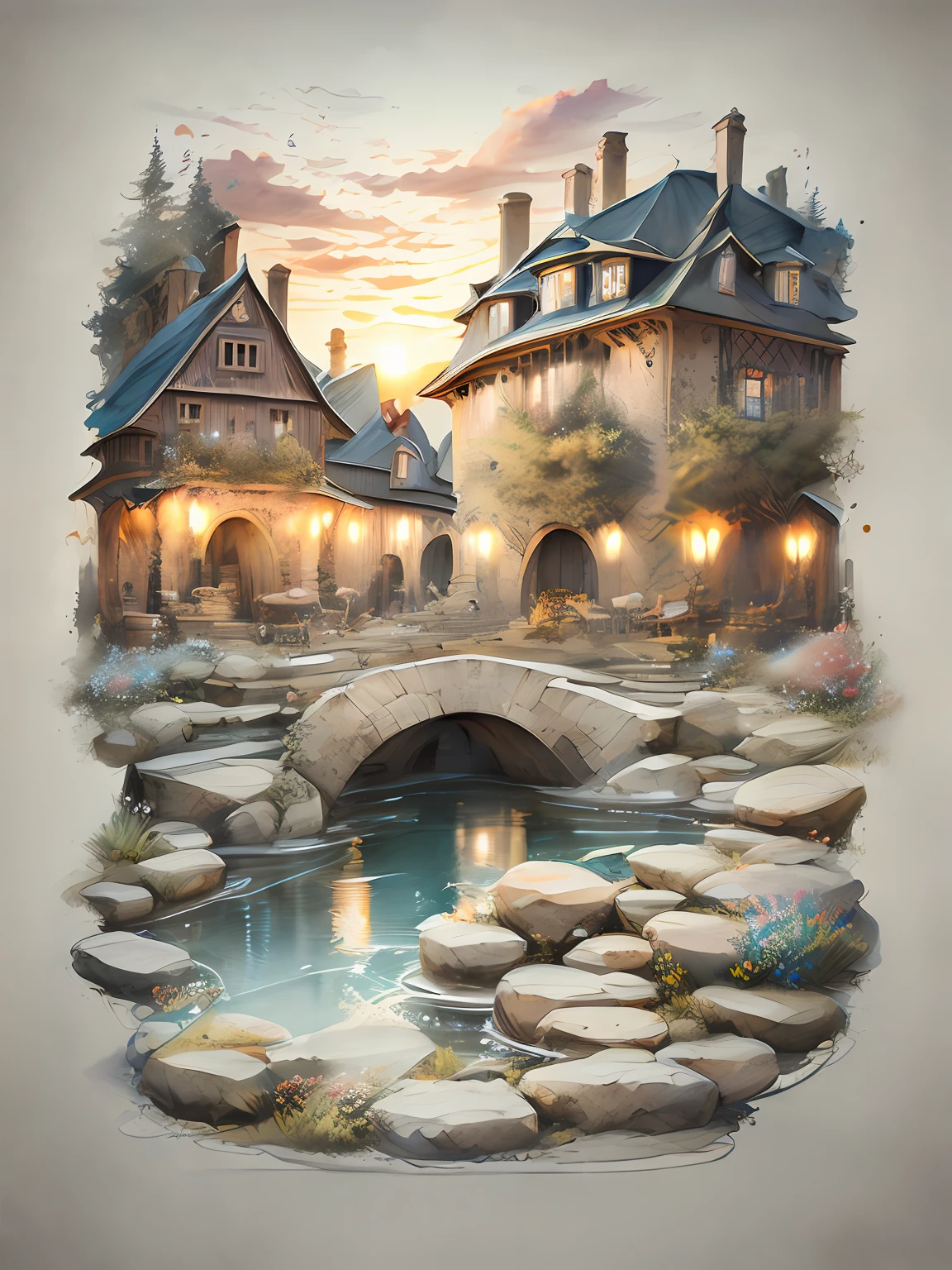 miaobishenghua , [(white background: 1.5)::5],, butterflies, flowers, floating petal, stone fragment, beautiful and detailed water, cloud, sun, twilight, sunset, beautiful detailed gate,