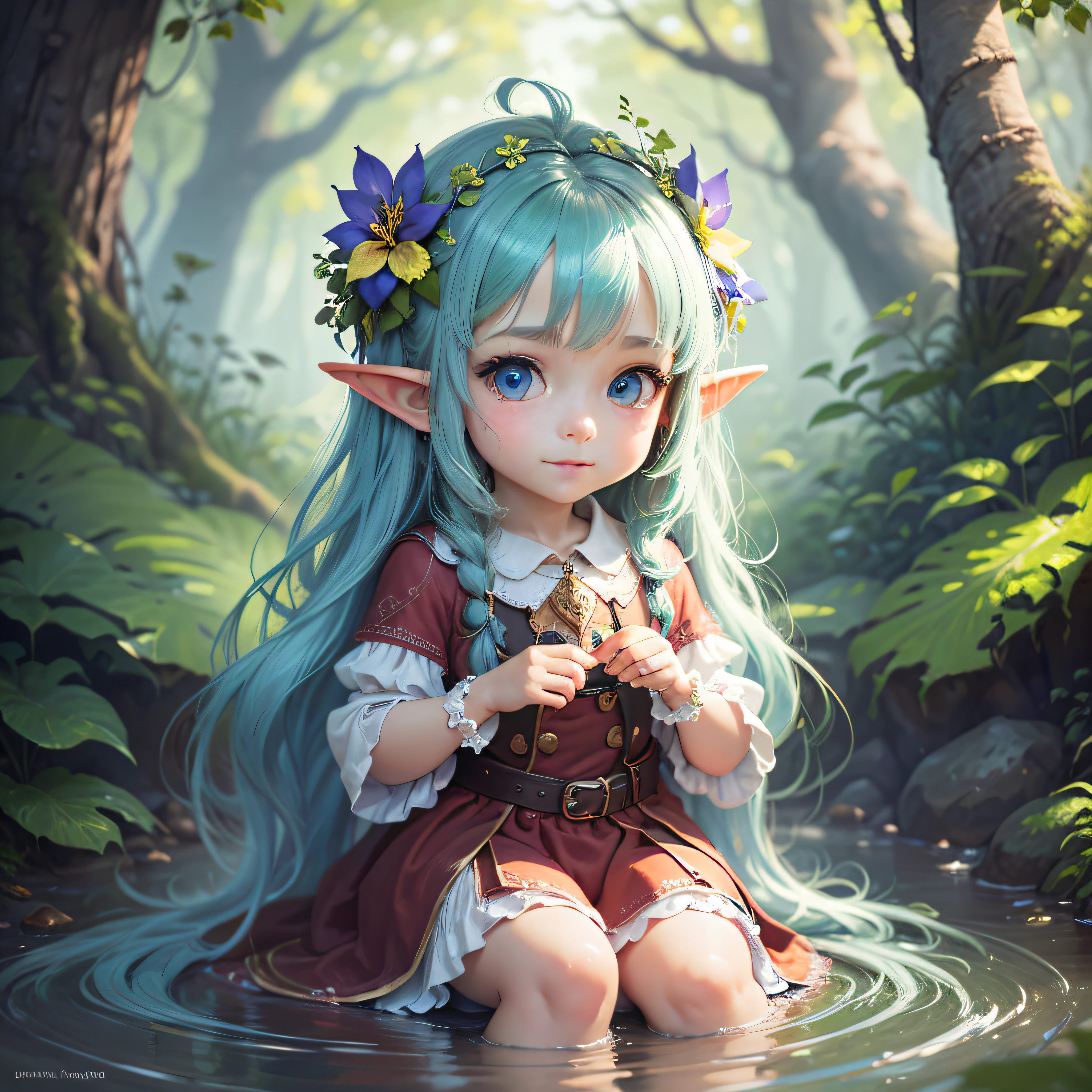 a colorful, sharp and vibrant enchanted forest with a little stream (adorable digital painting, cute detailed digital art). Add on the right Lilly (little elf girl 6 year's old with big and sweet blue eyes, long blue hair, cute face, adorable digital painting, portrait of very beautiful elf, cute detailed digital art, with a sly look and a very mischievous expression) in very little size. --auto --s2