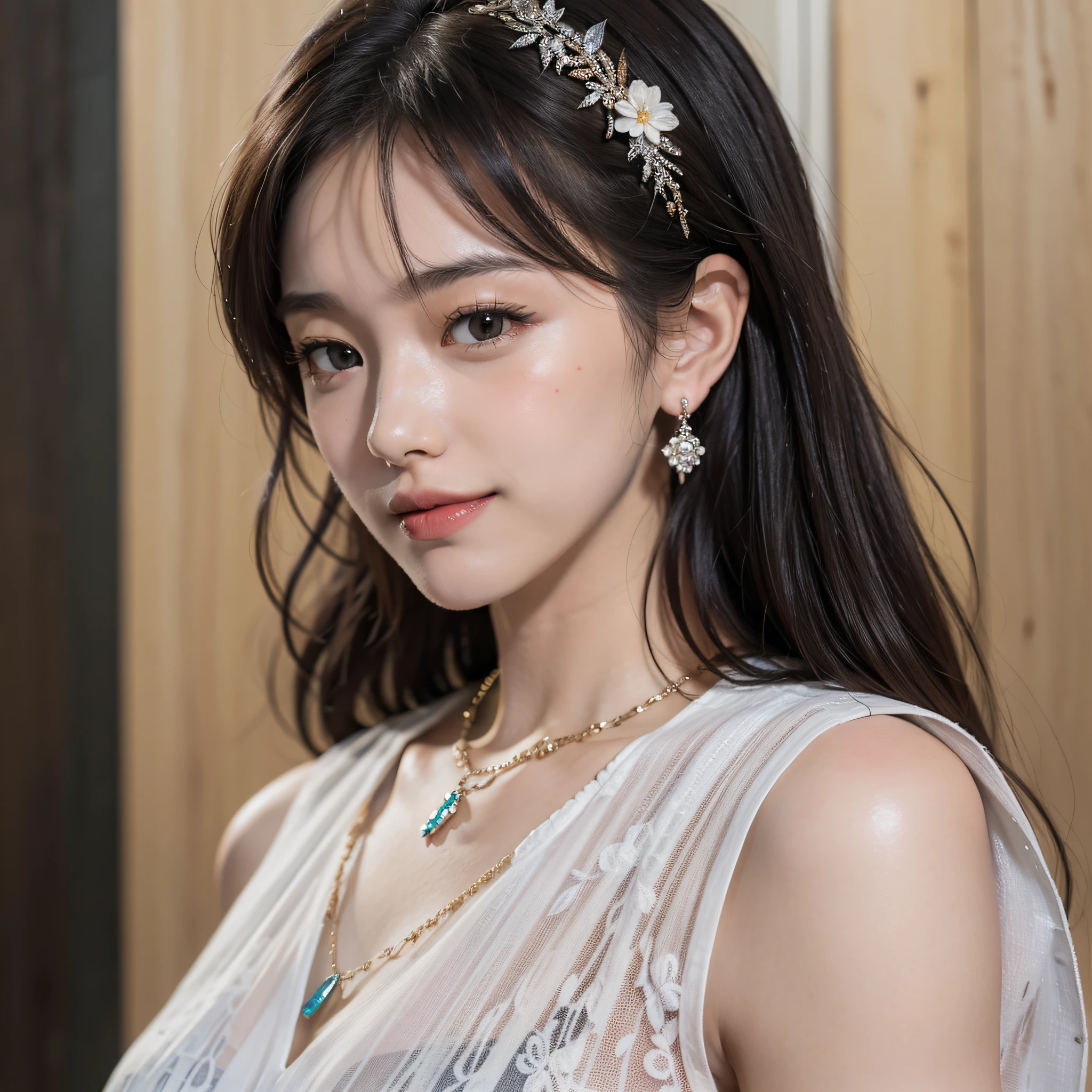 ((Best Quality, 8K, Masterpiece: 1.3)), 1girl, 1 girl, blush, (seductive smile: 0.8),, hair accessory, necklace, jia, tyndall effect, realistic, light edge, two-tone lighting, 8K ultra hd, DSLR, high quality, volumetric lighting, sneak peek, photo, high resolution, 4k, 8k, background bokeh, gorgeous clothes, earrings, 35mm, high detail hair, upper body, bust, portrait, super clear face, slender beauty, (long hairstyle casual, :1.2), Gorgeous dress: 1.1, super fine face, delicate eyes, double eyelids, black and white mixed clothes, necklace, earrings, (dress, shirt,) light and shadow, high detail light and shadow (dress print) lace edge, Genshin, Kamisato Ayaka, walnut, ganyu)