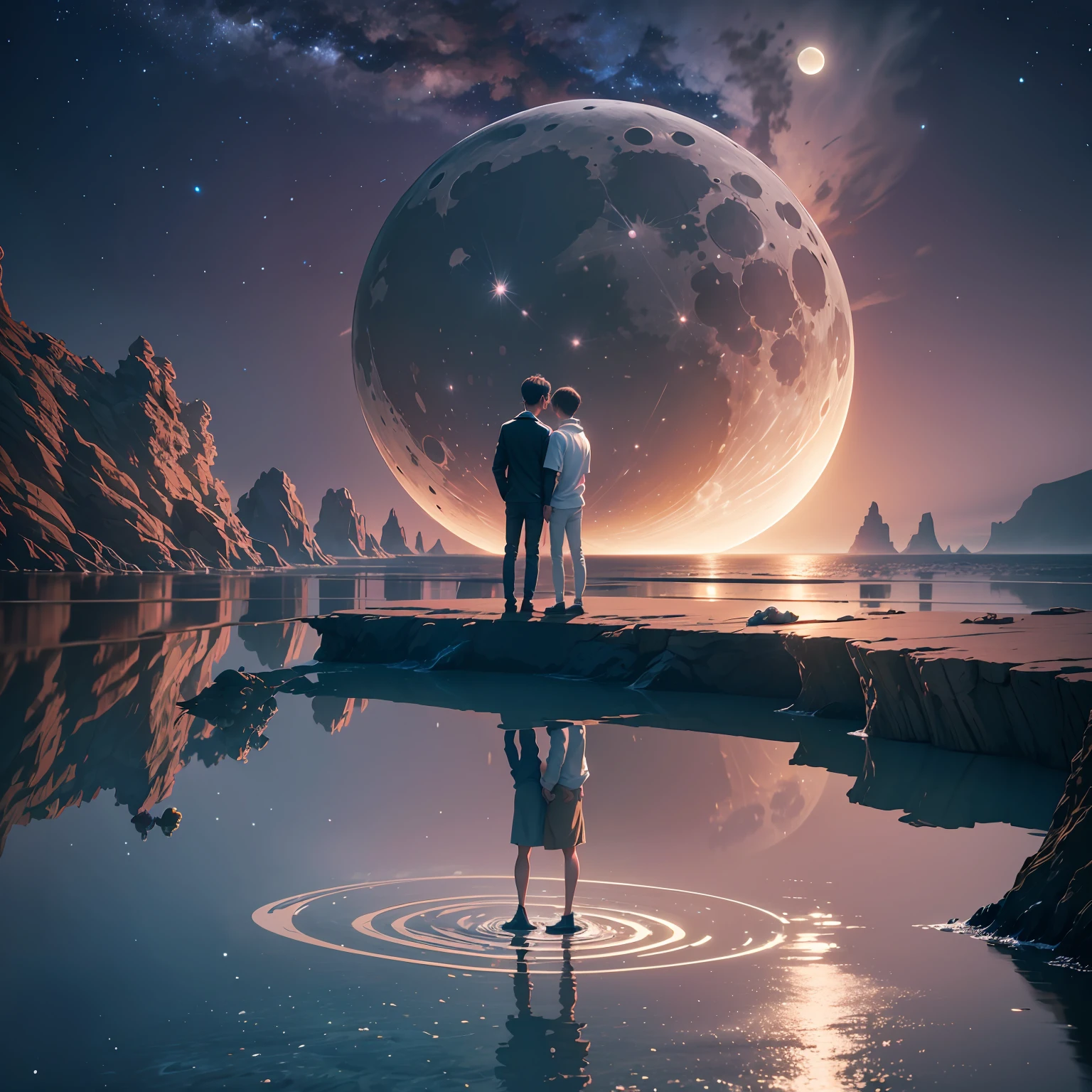 a embraced with his father and mother, In the sky a cloud squirting as if it were a waterfall, some colorful birds flying near the cloud and the phrase "Deus cuida de tudo" escrito como titulo --auto