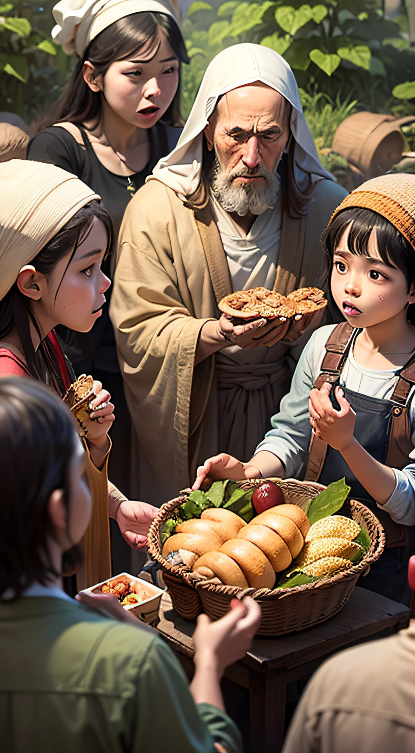 The drawing shows Jesus sitting or standing in an outdoor setting, such as a hill or lake shore. He is surrounded by a multitude of people who follow him in search of teachings and miracles.
The scene highlights a boy, probably humble-looking, holding a basket in his hands. The basket contains 5 loaves of bread and 2 fish, which are the only foods available to feed the crowd. The boy may be looking at Jesus with an expression of curiosity or expectation.
Jesus, for his part, is looking at the boy with tenderness and compassion. He may be reaching out to receive the basket from the boy's hands, or even placing his hand on the boy's head in a gesture of blessing.
Around Jesus and the boy, there are people from the crowd watching the scene, some with expressions of doubt, others with hope. Some may be muttering or arguing among themselves about the situation.
The drawing conveys the idea that, despite the scarcity of resources, Jesus is about to perform a miracle by feeding the crowd that small amount of food. The scene also highlights the simplicity and generosity of the boy, who offers what he has, even if it seems insufficient.
This drawing represents the biblical episode in which Jesus performs the multiplication of the loaves and fishes, demonstrating his power and providing an example of trust in God and sharing with others.