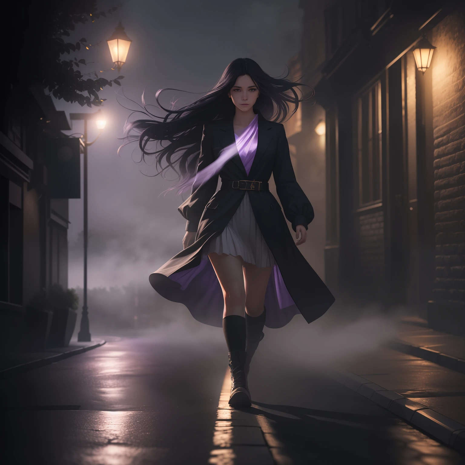 Woman walking head-on down a road at night, with fog and shadows, wavy and long black hair, detailed hand and fingers, high quality, ultra-detailed, 8k, masterpiece, (volumetric lighting), black magic, fanciful, lilac colors, purple, black and vivid shadows on the woman's return. --auto --s2