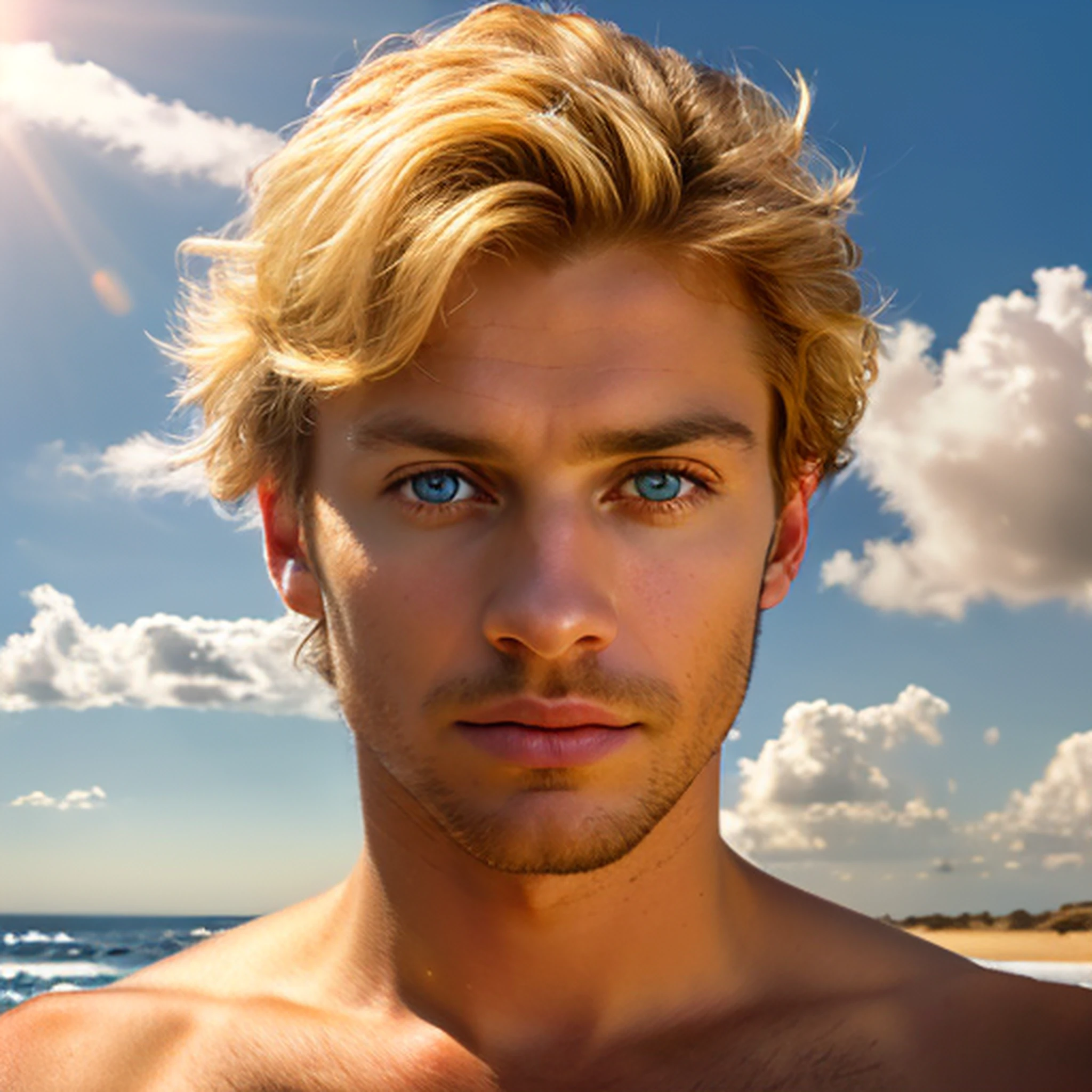 Arafed 40 years old male, armor gold (masterpiece, best quality, high resolution:1.4), skin pores texture, hair blond, HD , Photography, movie, cinematic, Realistic, (8k, RAW photo, best quality, masterpiece:1.2), (realistic, photo-realistic:1.33), best quality, Perfect detailed symmetrical blue eyes (symmetrical round blue iris membrain & with symmetrical round pupils:1.5), lean man perfect brown skin & perfect body, natural lighting, depth of field, film grain, sharp, detailed and realistic portrait of a man, outside, (Blue sky & clouds in background:1.5), staring at camera, soft natural lighting, portrait photography, magical photography, Contrast lighting, dramatic lighting, photo realism, ultra- detailed, intimate portrait composition