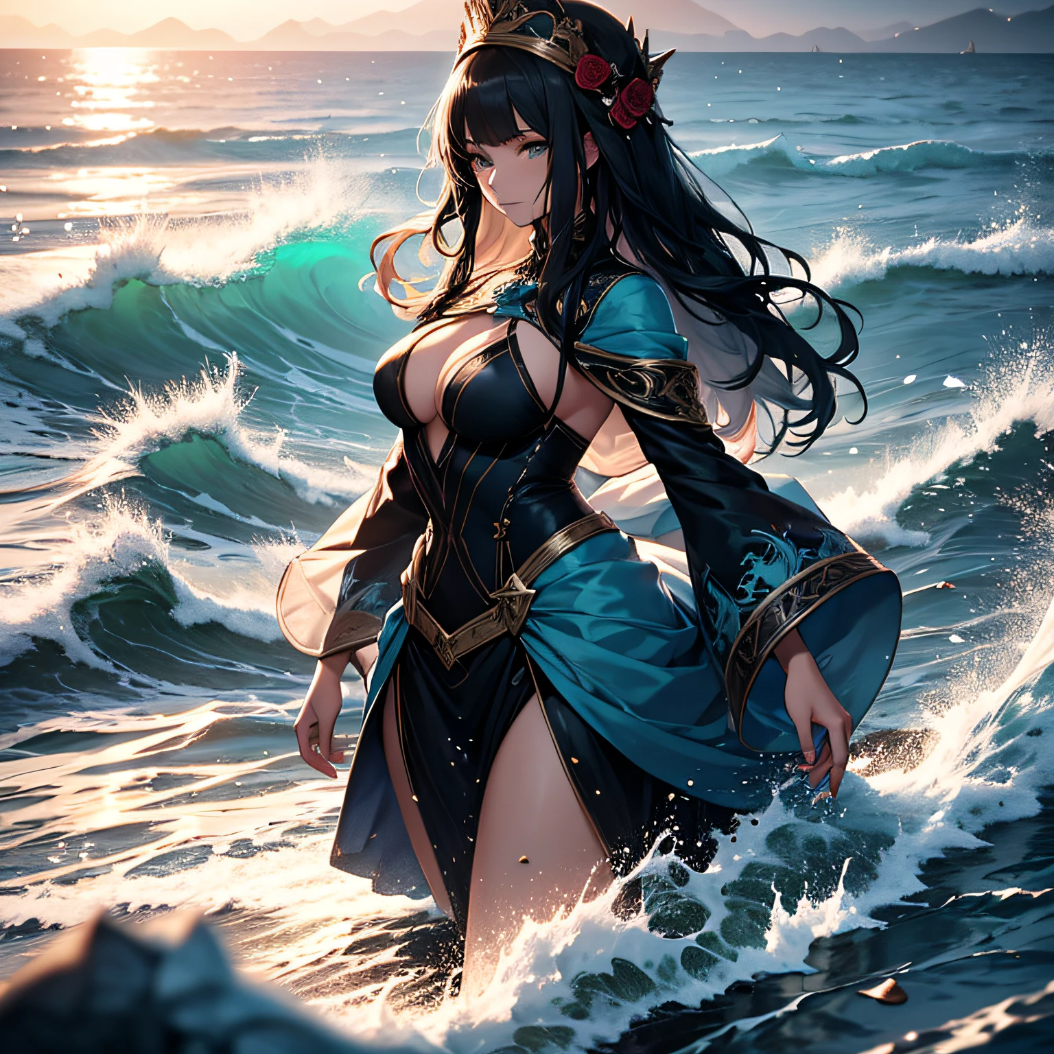 walking on the water leaving roses among the waves, a beautiful woman with long black hair Queen of the sea dressed in sea blue, cinematic, fine details, 8k, dark shot, soft volumetric lights, backlit, intricate details, hdr, ray tracing, fantasy