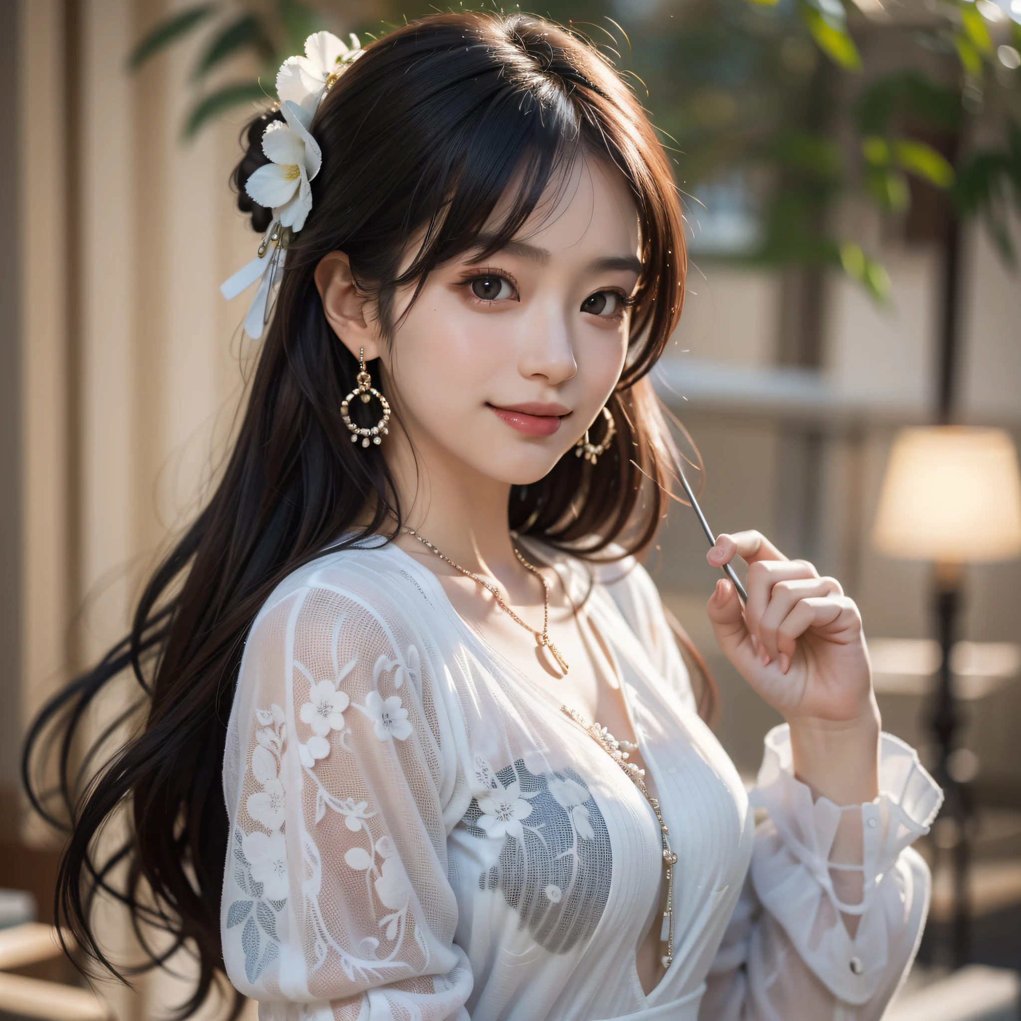 ((Best Quality, 8K, Masterpiece: 1.3)), 1girl, 1 girl, blush, (seductive smile: 0.8),, hair accessory, necklace, jia, tyndall effect, realistic, light edge, two-tone lighting, park, garden, 8K ultra hd, DSLR, high quality, volumetric lighting, voyeur, photo, high resolution, 4k, 8k, background bokeh, gorgeous clothes, earrings, 35mm, high detail hair, upper body, bust, portrait, ultra-clear face, slender beauty, (long hairstyle casual, :1.2), gorgeous skirt: 1.1, super fine face, delicate eyes, double eyelids, black and white mixed clothes, necklaces, earrings, (dresses, shirts,) light and shadow, high detail light and shadow (clothes print) lace edge, Genshin, Kamisato Ayaka, walnut, Ganyu)