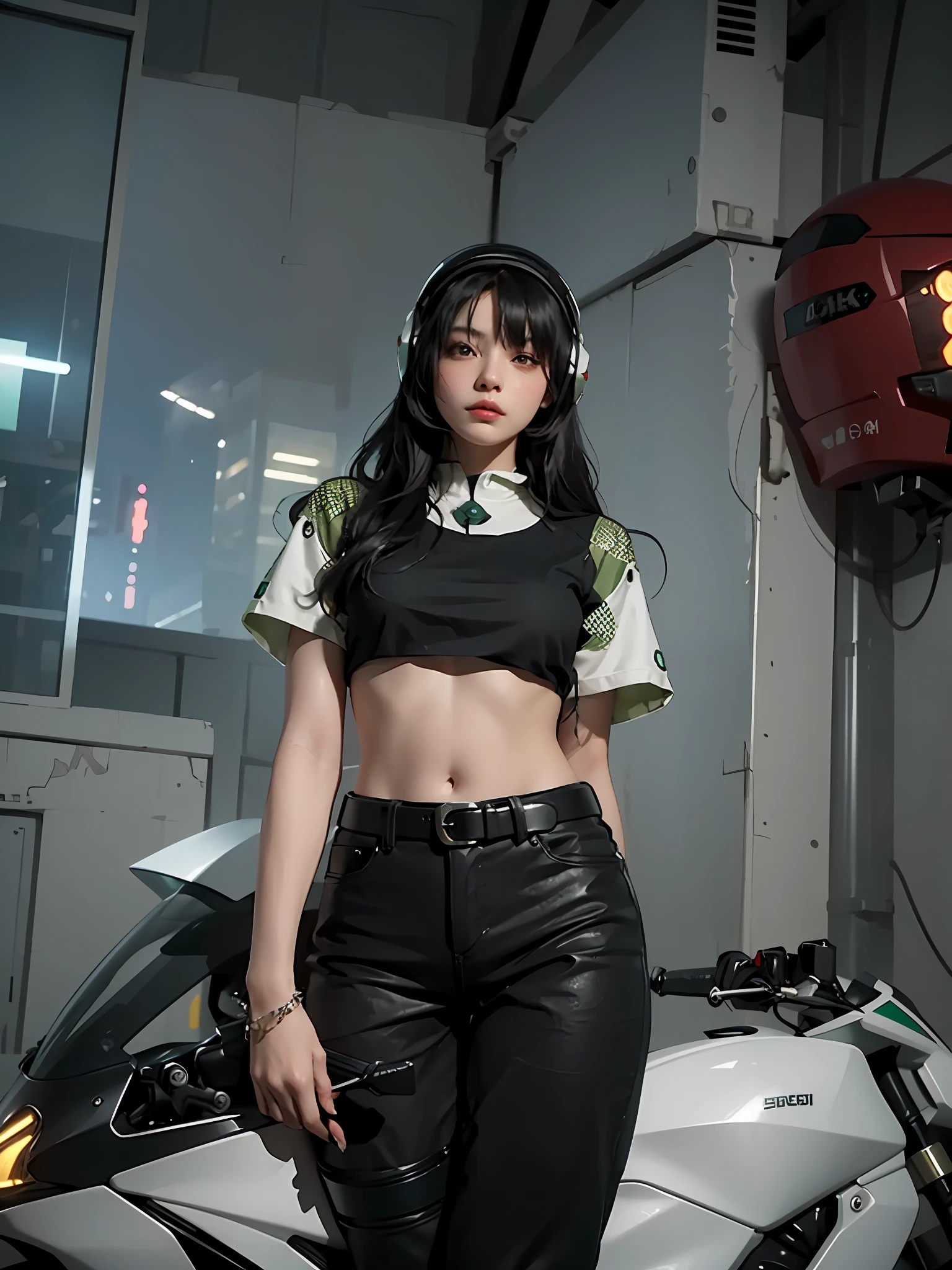 Highest image quality, outstanding details, ultra-high resolution, (realism: 1.4), the best illustration, favor details, highly condensed 1girl, with a delicate and beautiful face, dressed in a black and green mecha, wearing a mecha helmet, holding a directional controller, riding on a motorcycle, the background is a high-tech lighting scene of the future city.