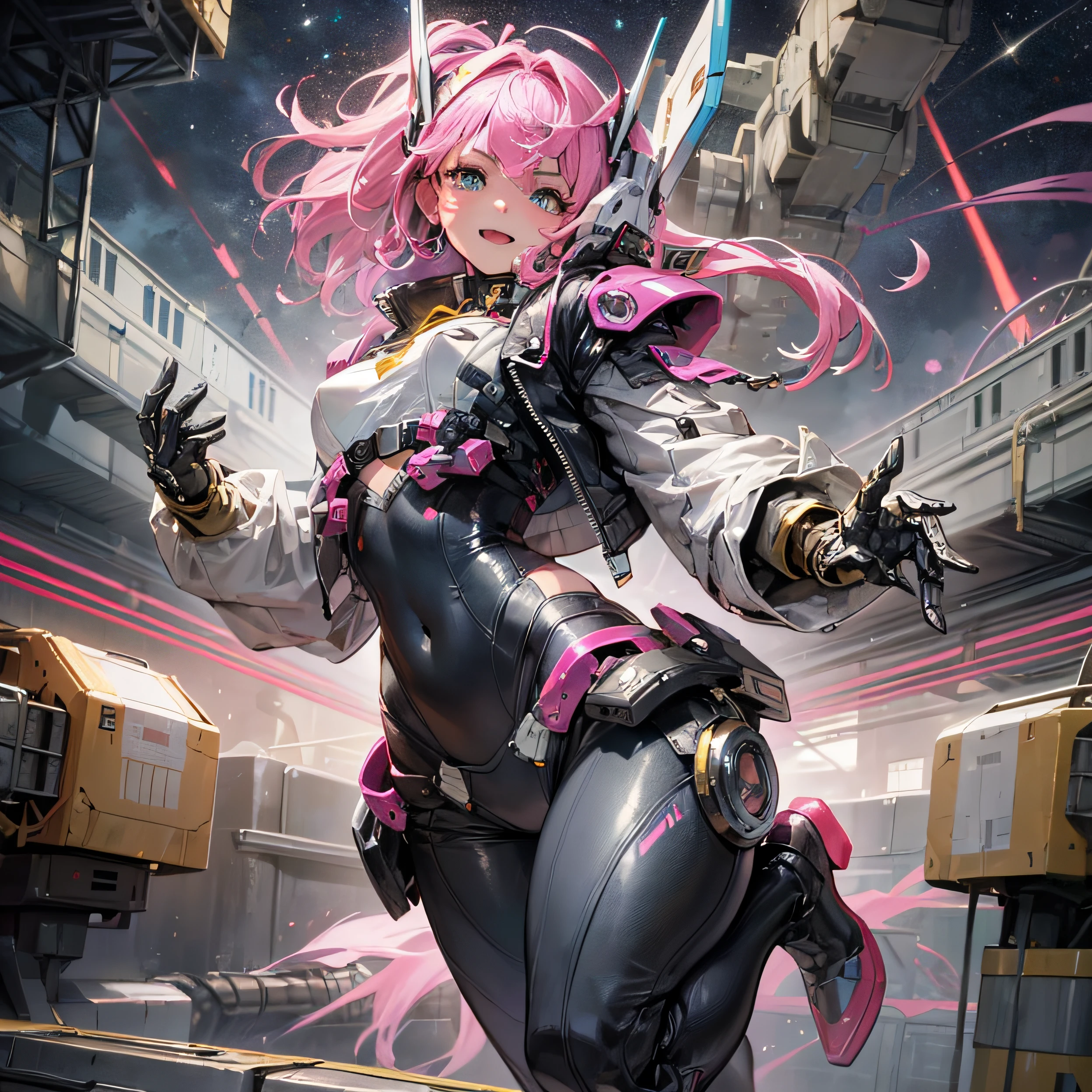 (outstanding, professional, surreal), smile. Keep your mouth shut. The catapult of the space base and the vast universe unfold to form a magnificent landscape of the futuristic city. In the center of the photo, a huge and magnificent robot mech starts running. Woman jumping and rejoicing. The pink metal shell shimmers, and the delicate texture and intricate lines of the robot mech depict a high-tech figure. The robot mech is tall and exudes unparalleled majesty and strength. Bright LED lights are embedded in the shoulders of the robot mech, flashing in various bright colors like bright stars in a futuristic city. Its weapons are equipped with powerful energy weapons and are ready for combat challenges. Standing next to the robot, you see an impressive age girl. With pink hair, she wears a black leather jacket and tight-fitting black stockings, emphasizing her perfect figure. The texture of the black leather jacket contrasts with the metallic texture of the robot, showing a unique visual effect. The firm and resolute eyes of the girl indicate that she is fearless (the girl is in good physical condition, dressed in leather, shows a navel, medium chest, clear facial details)
