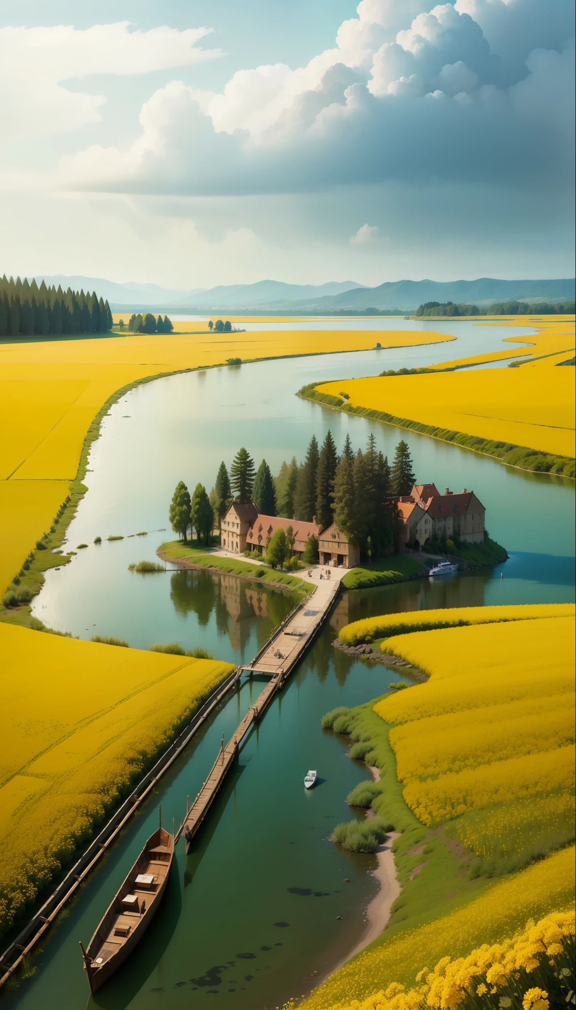 Canola flowers, boats, big trees, ancient buildings