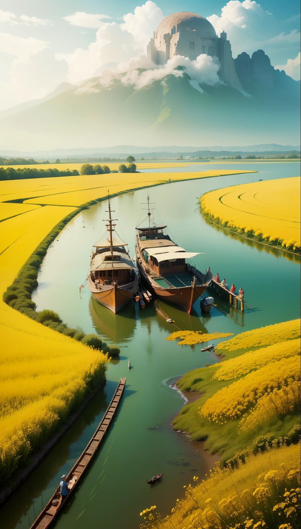 Canola flowers, boats, big trees, ancient buildings