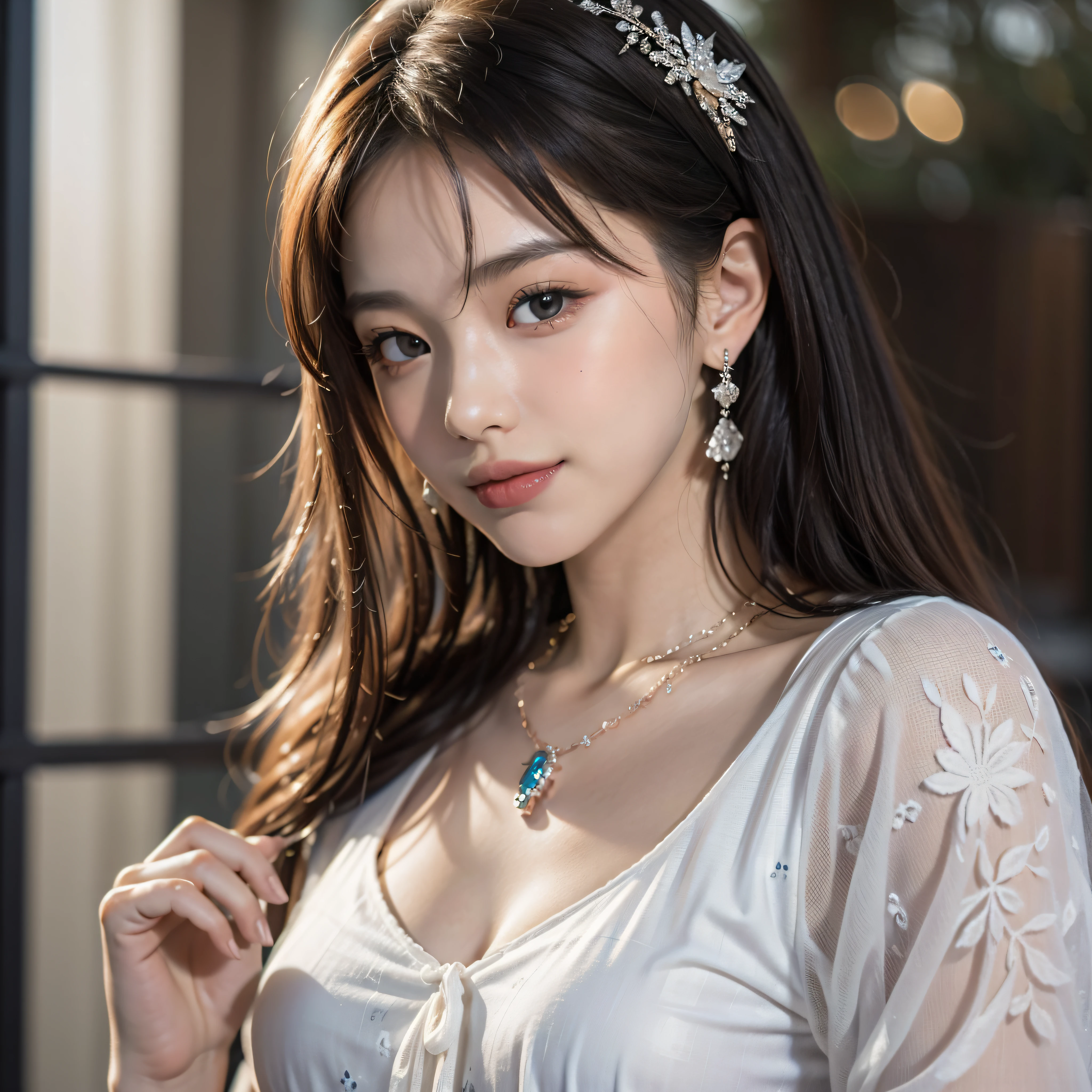 ((Best Quality, 8K, Masterpiece: 1.3)), 1girl, 1 girl, blush, (seductive smile: 0.8),, hair accessory, necklace, jia, tyndall effect, realistic, light edge, two-tone lighting, 8K ultra hd, DSLR, high quality, volumetric lighting, sneak peek, photo, high resolution, 4k, 8k, background bokeh, gorgeous clothes, earrings, 35mm, high detail hair, upper body, bust, portrait, super clear face, slender beauty, (long hairstyle casual, :1.2), Gorgeous dress: 1.1, super fine face, delicate eyes, double eyelids, black and white mixed clothes, necklace, earrings, (dress, shirt,) light and shadow, high detail light and shadow (dress print) lace edge, Genshin, Kamisato Ayaka, walnut, ganyu)