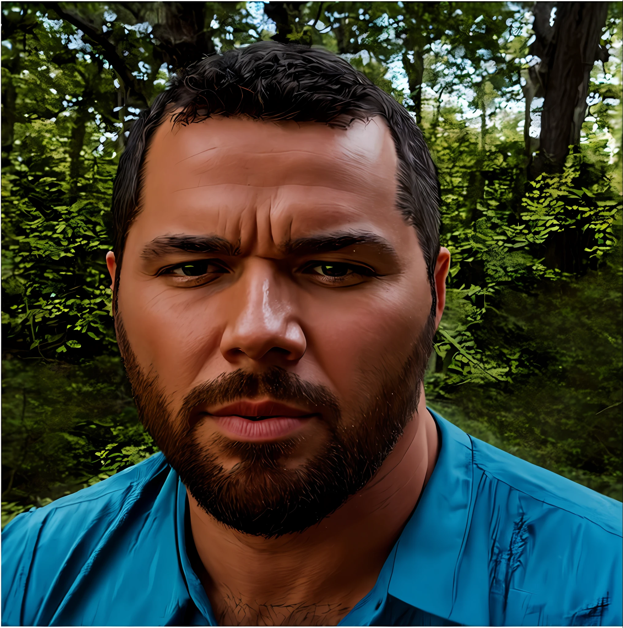 There is a man who is standing in the woods, profile picture, about 35 years old, ultra-realistic features