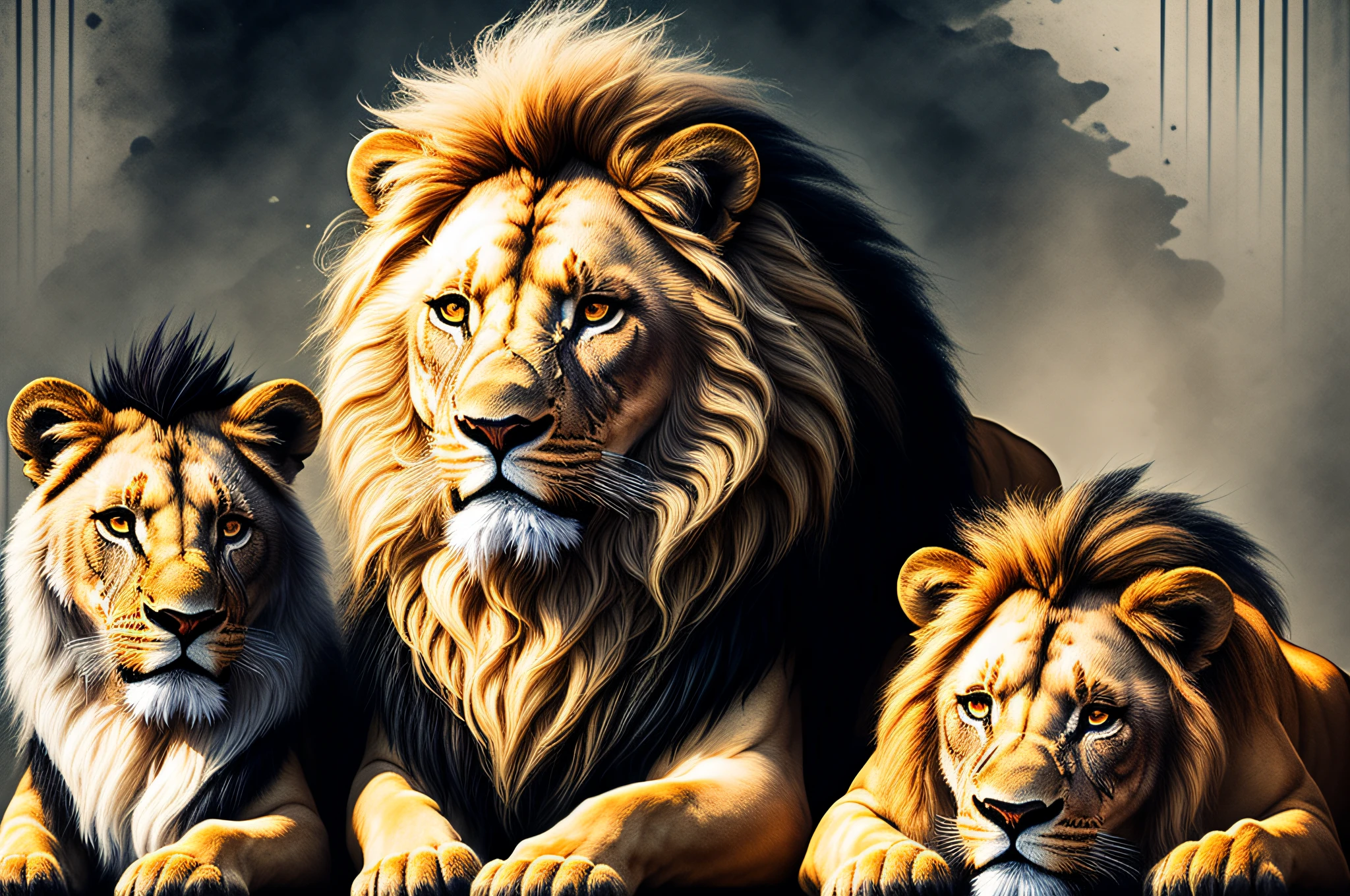 Lion family with cubs black background with orange mane and black eyes in dark room with light, lion, half lion, with the mane of a lion, portrait of a lion, lion's head, the mane of a lion, king of the jungle, lion's mane, aslan, the lion, face of a lion, digital art animal photo,  lion's mane, lion's body, wallpaper 4 k