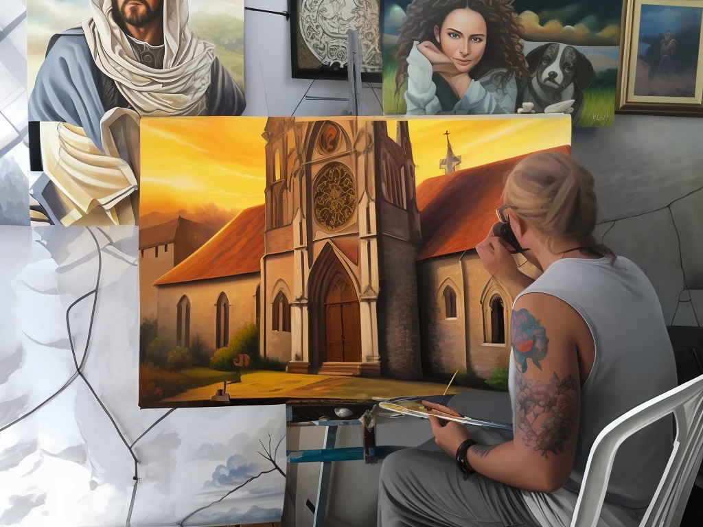 realistic painting perfeia oil on canvas of a beautiful medieval church with a beautiful sunset with beautiful clouds maximum quality of detail, perfect image, 64k