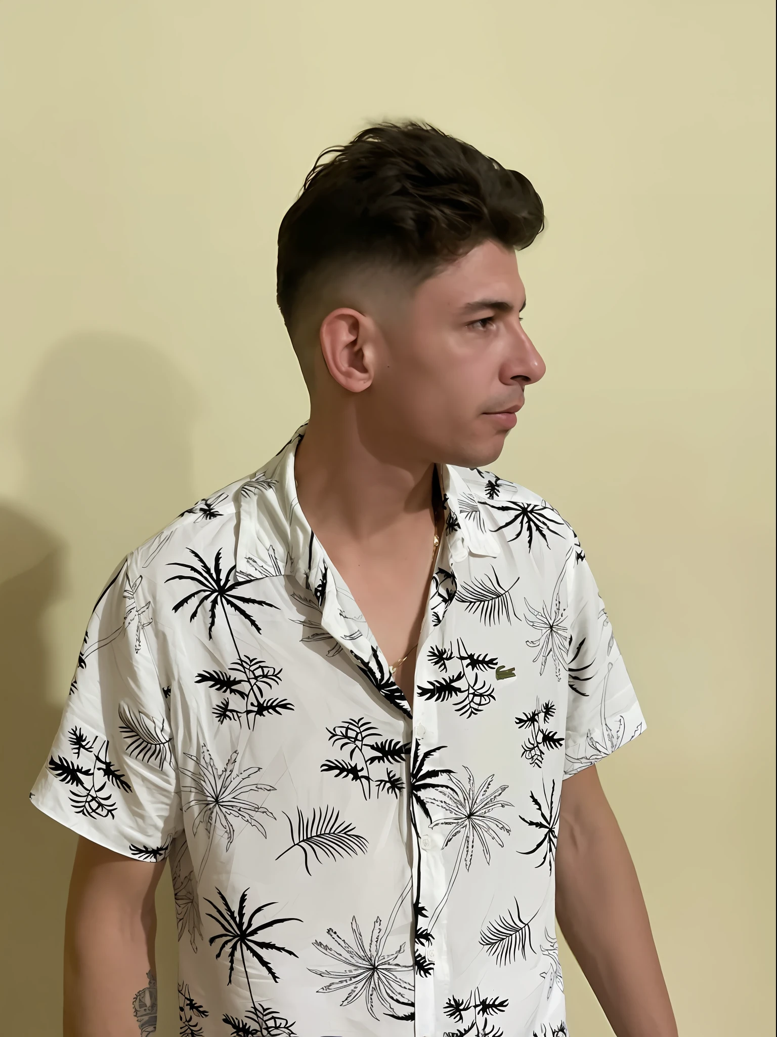 arafed man in a white shirt and black pants standing in front of a wall, daniel mirante, caio santos, around 1 9 years old, ástor alexander, with hawaiian shirt, profile image, headshot profile picture, by Nándor Katona, victor maristane, enes dirig, short hair on top of his head, asher duran