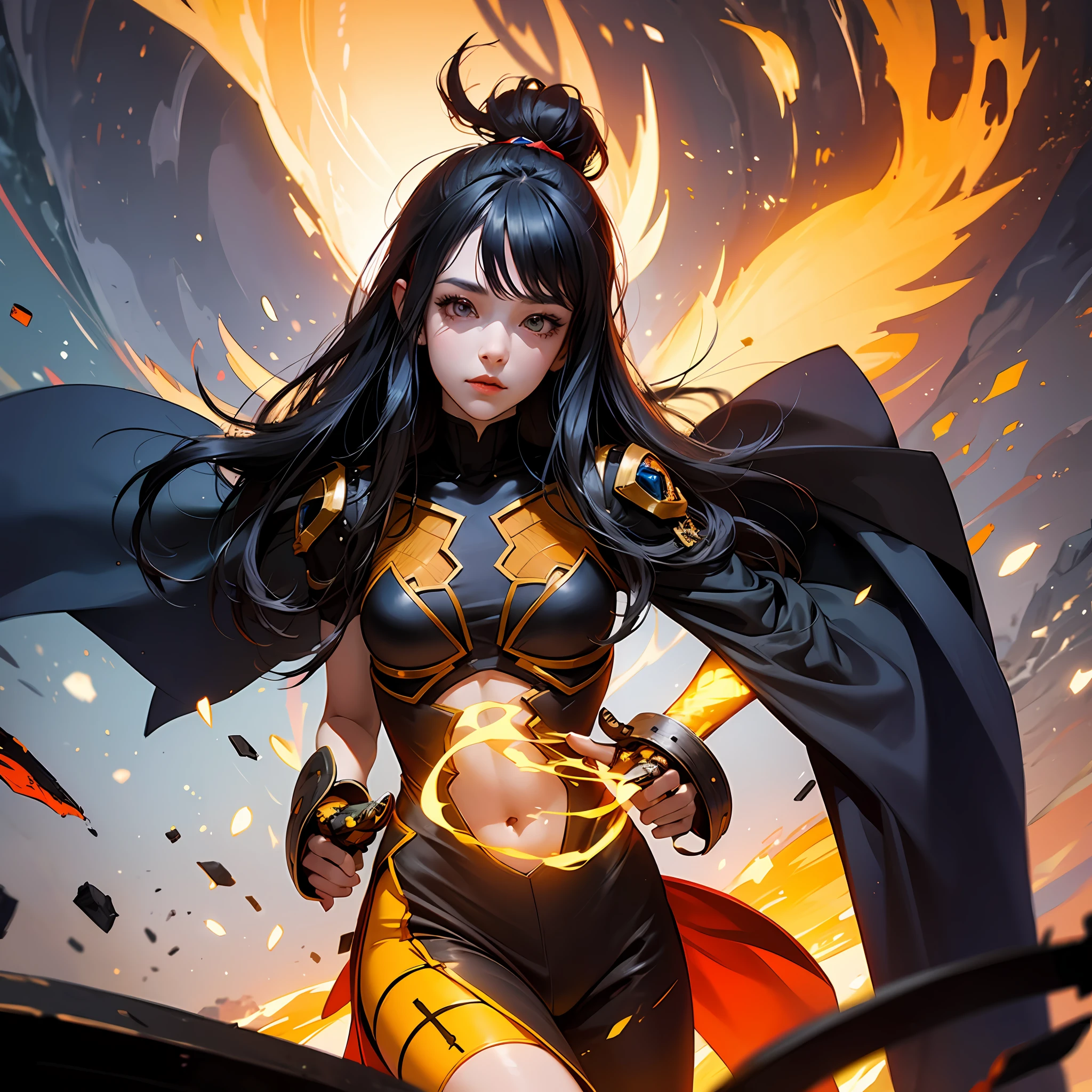 Anime Girl, Pretty, Half Face, Demonic Face, 2D Style, Yellow Demon, Destroyed Scenery, High Quality Photography --auto