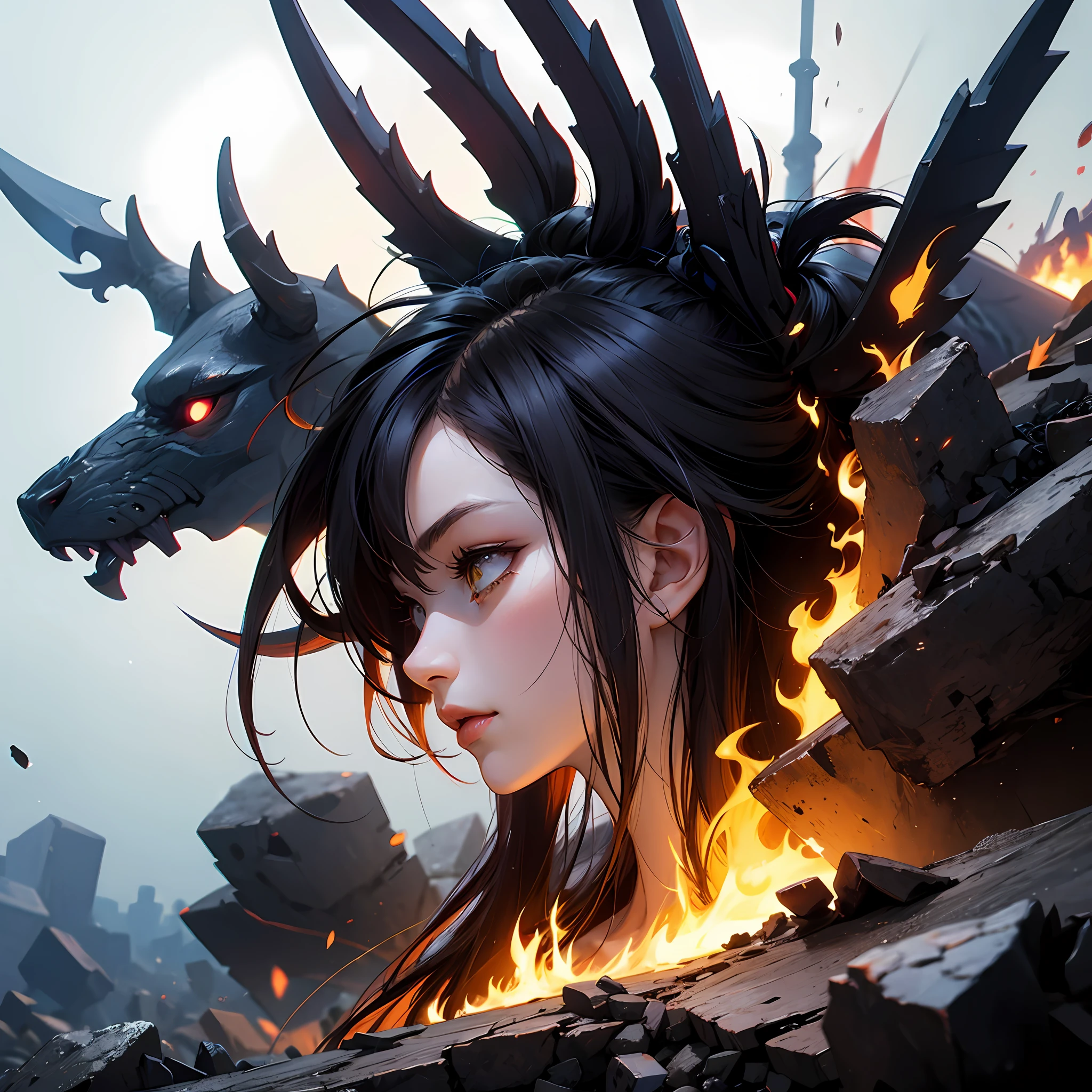 Anime Girl, Pretty, Half Face, Demonic Face, 2D Style, Yellow Demon, Destroyed Scenery, High Quality Photography --auto