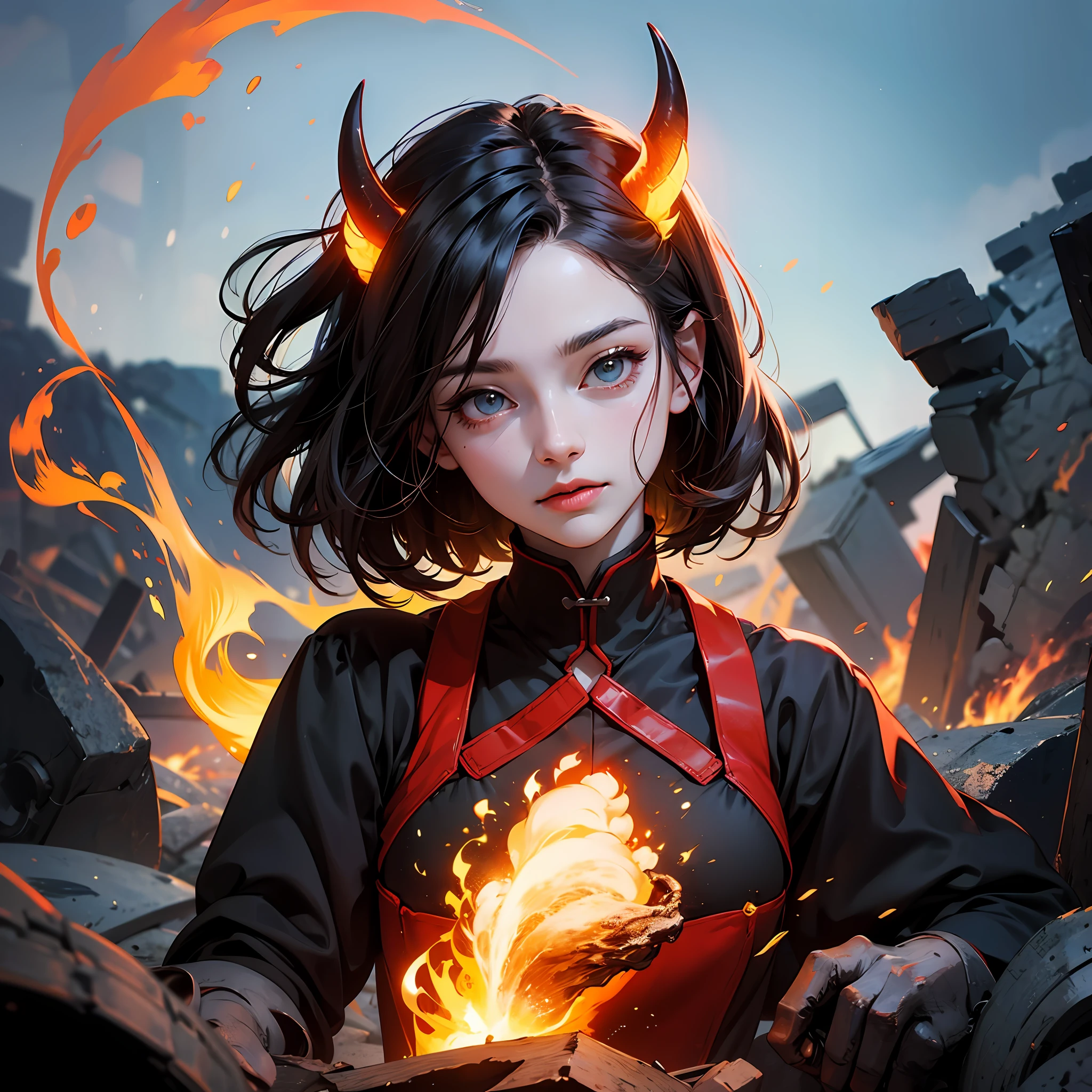 Anime Girl, Pretty, Half Face, Demonic Face, 2D Style, Yellow Demon, Destroyed Scenery, High Quality Photography --auto