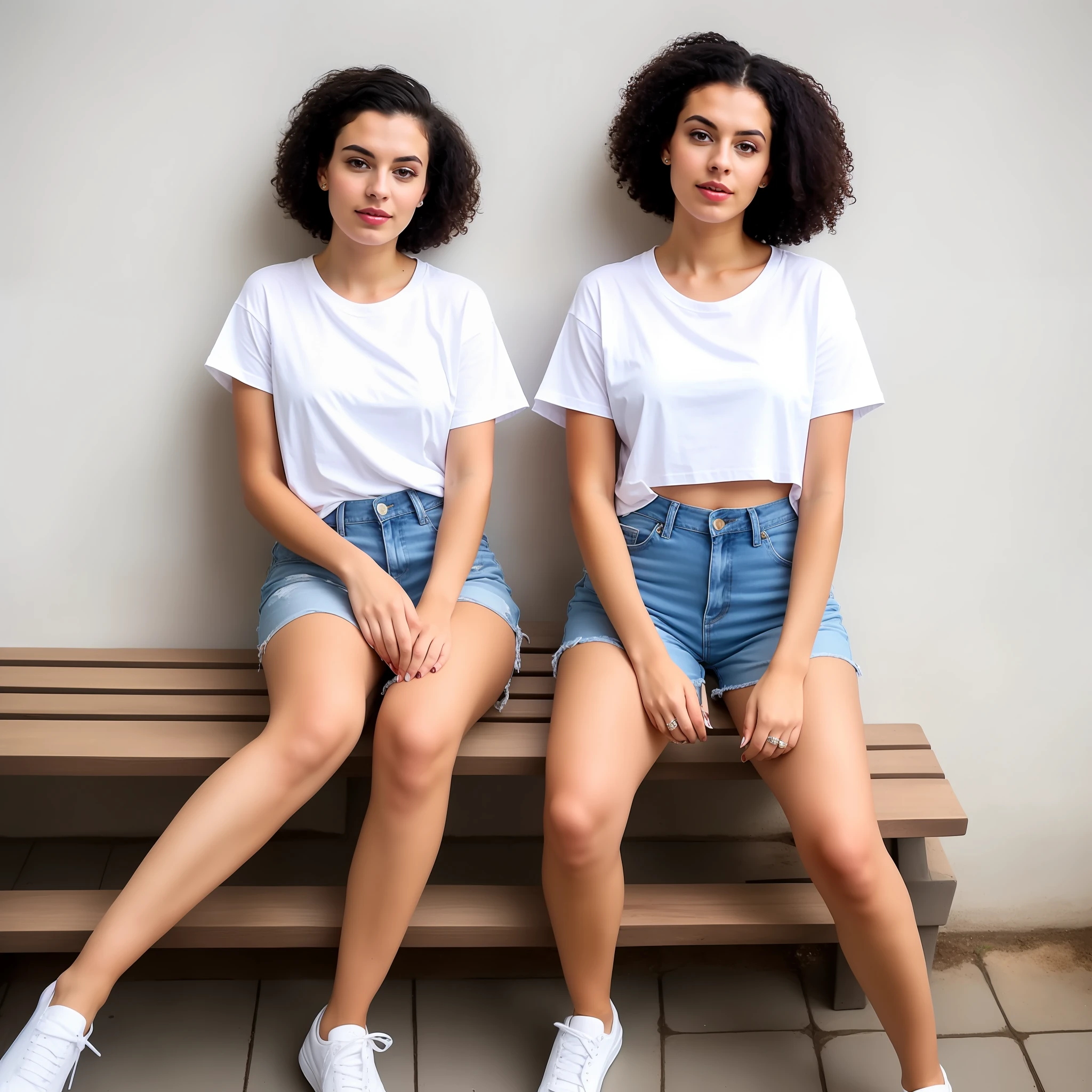 Woman sitting on a wooden bench wearing a white shirt and jean shorts, super detailed, in white clothes, Aleksandra Waliszewska, 2 female model, dressed in a white T-shirt, girl with perfect black hair, dressed in a white T-shirt, Instagram model, infinite background of photographic studio, perfect hands, two legs, one woman only, ultra-realistic