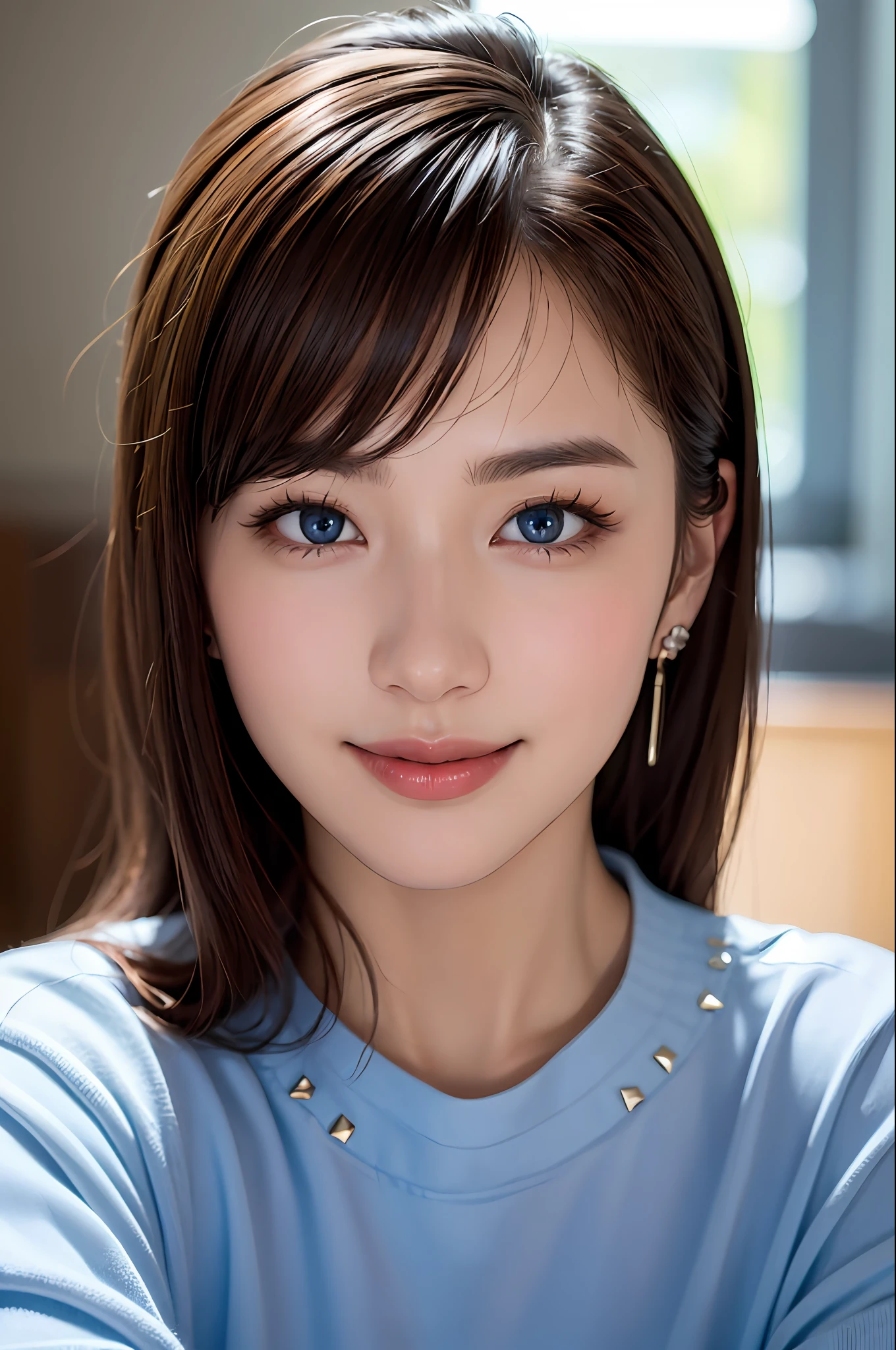 (RAW photo:1.2),(photorealistic:1.4),(masterpiece:1.3),(best quality:1.4),ultra high res, HDR,8k resolution, dreamlike, check commentary, commentary requests, scenery,((no text)), solo focus, (eye detail), (facial features), (dress detail), firming, (shiny skin), (slender), (slim), (beauty), 1boy, virtualgirl-ren, young, bangs, brunette hair, blue eyes, stud earrings, loose shirt, smile, shy, cute, looking straight into camera,