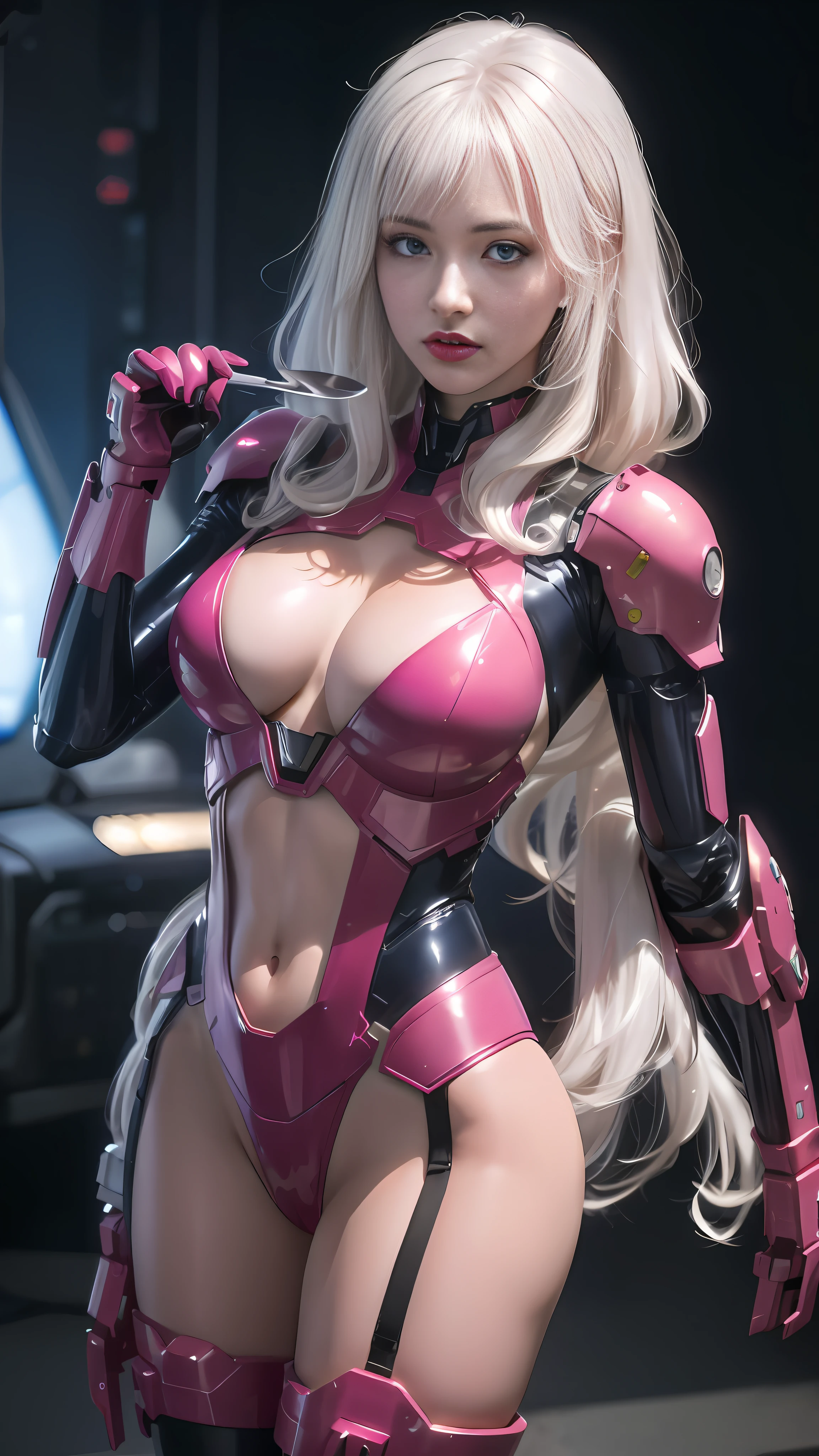 a close up of a woman in a pink and black outfit, slick pink armor, oppai cyberpunk, biomechanical oppai, streamlined pink armor, gynoid cyborg body, perfect android girl, pink body, girl in mecha cyber armor, beautiful female android!, gynoid body, female cyberpunk anime girl, ross tran 8 k, matte pink armor