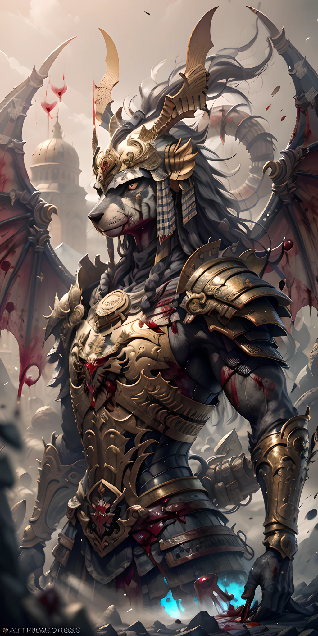 ((((Light Painting))), Color, Optics, ((((Ray Emission))): Anti-aliasing: 5D, Evil, Optics, Full Body View, Battle Background, 1 Dog Girl, Tattoo , Golden Armor, Splashed with Someone Else's Blood,
