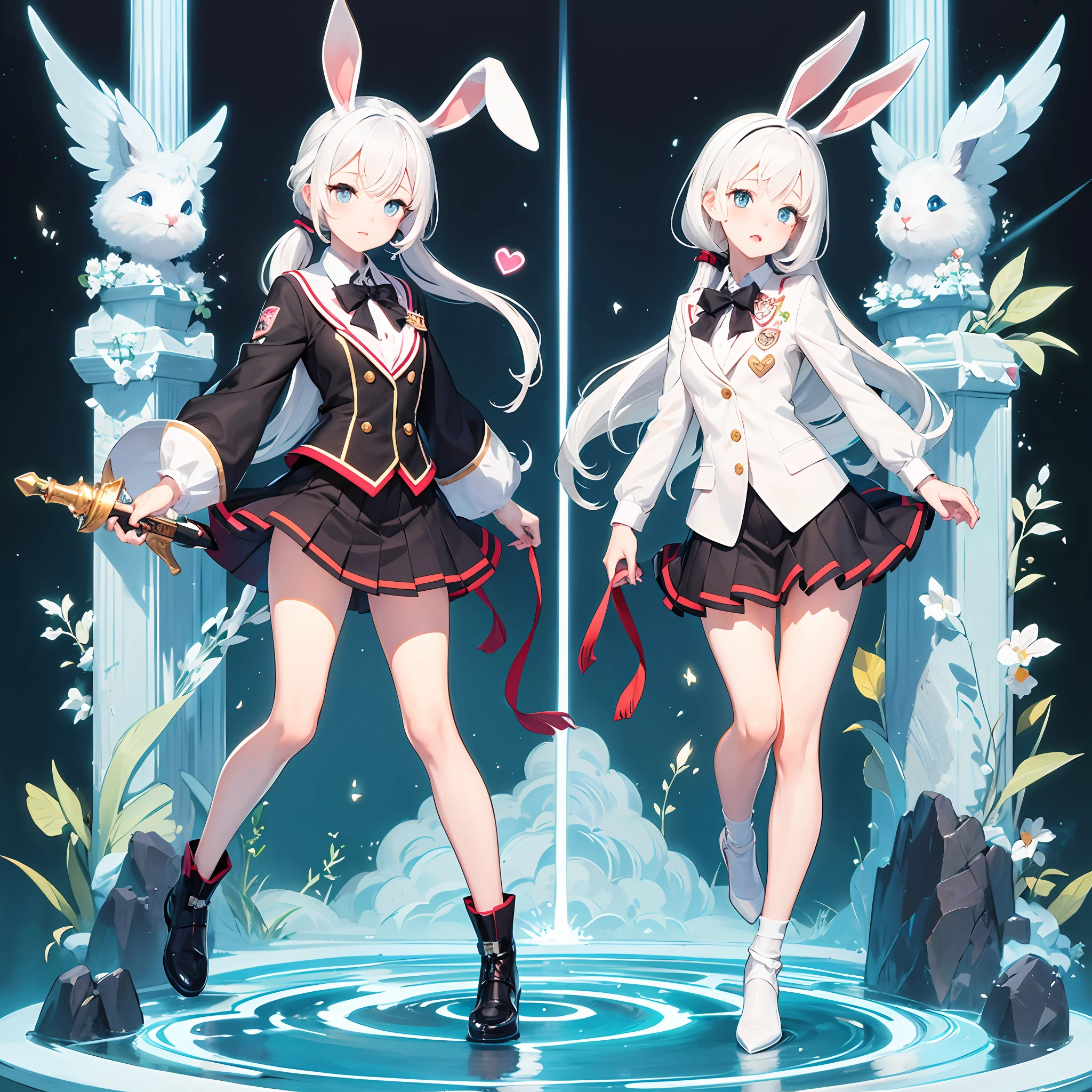 A girl, white hair, a ponytail, rabbit ears, full body, medium breasts, small hips, thin legs, schoolgirl clothes, black lips, mischievous expression, a heart tattoo on the cheek, Anime, 2D, high quality, --auto
