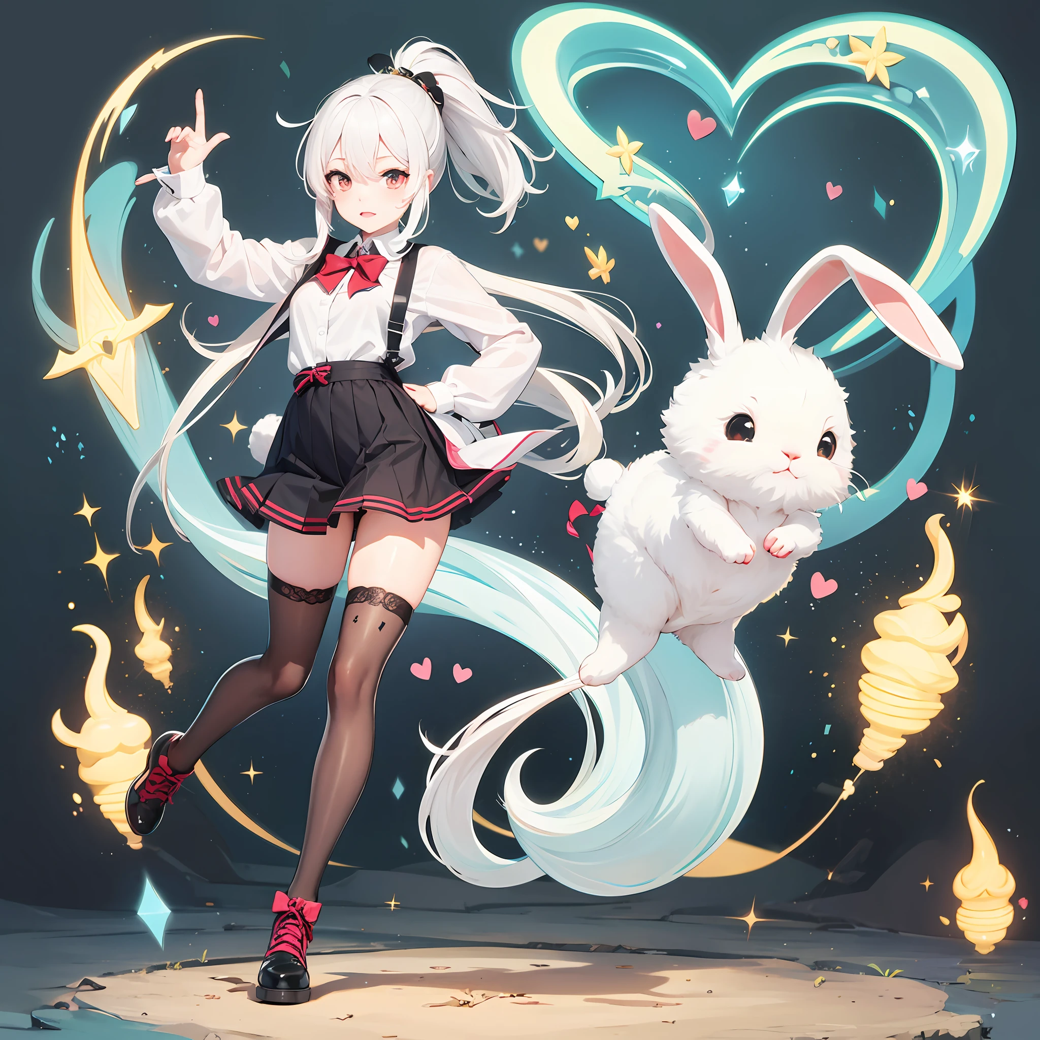 A girl, white hair, a ponytail, rabbit ears, full body, medium breasts, small hips, thin legs, schoolgirl clothes, black lips, mischievous expression, a heart tattoo on the cheek, Anime, 2D, high quality, --auto