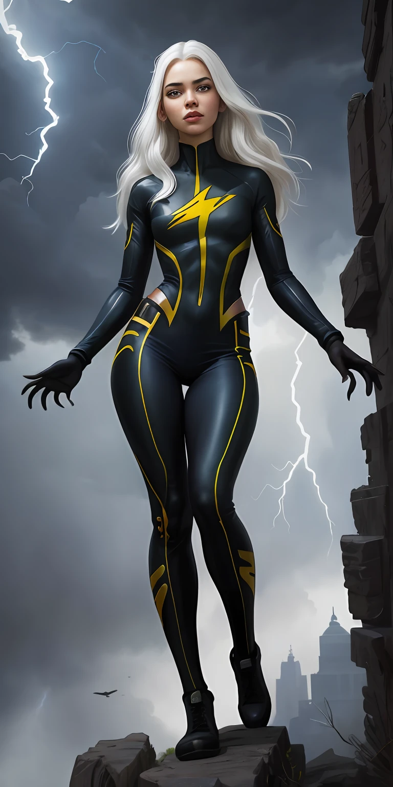 The mutant STORM of the x-men, ((African girl)), straight and long white hair, flying over the sky with lightning, ((full body)), black and yellow white uniform, letter 'x' on the chest, realistic art, portrait, 8K Artgerm Bokeh, Wojtek Fus, James Gurney, stunning digital illustration, realistic digital art 4K, realistic digital art 4K, high detail