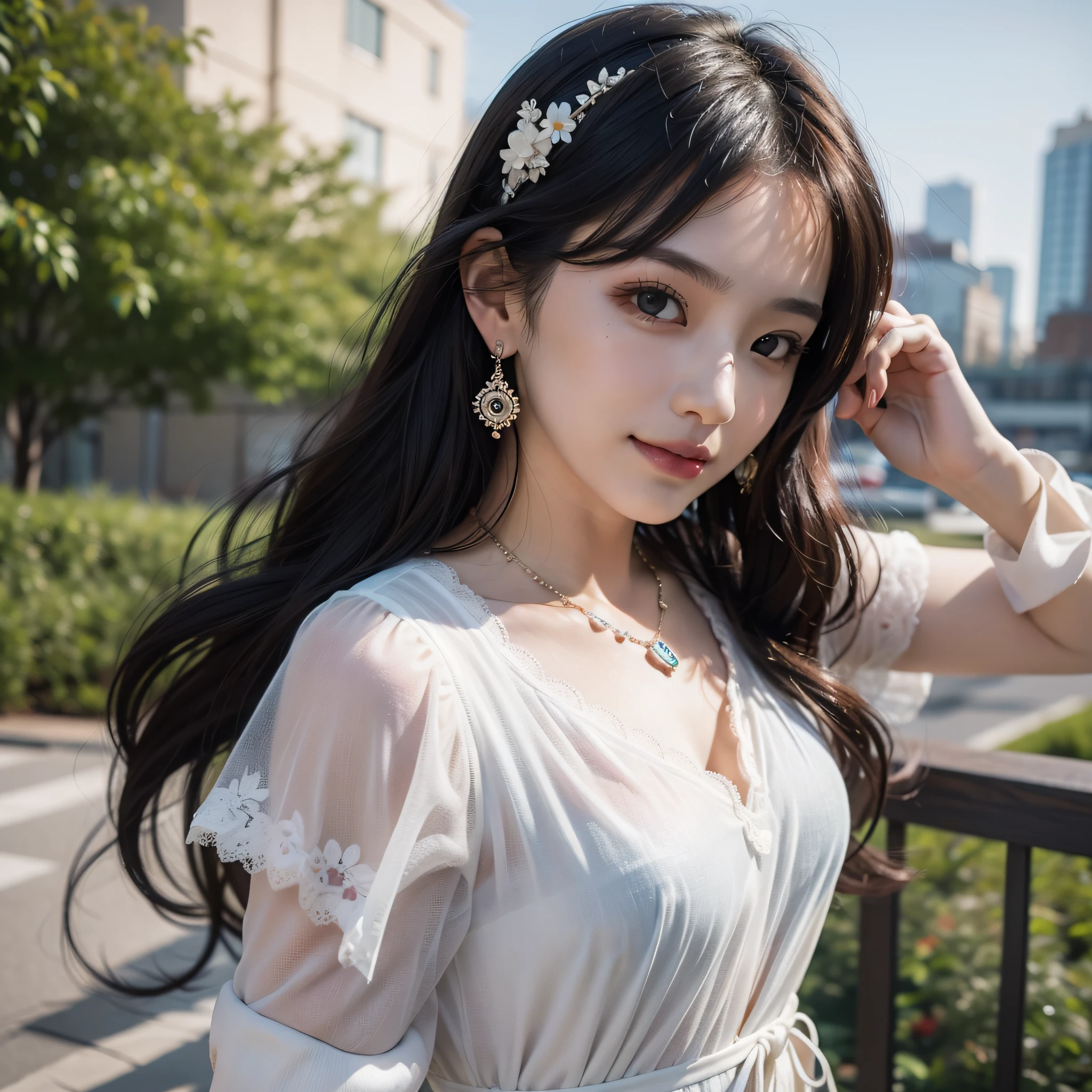 ((Best Quality, 8K, Masterpiece: 1.3)), 1girl, 1 girl, blush, (seductive smile: 0.8),, hair accessory, necklace, jia, tyndall effect, realistic, light edge, two-tone lighting, park, garden, 8K ultra hd, DSLR, high quality, volumetric lighting, voyeur, photo, high resolution, 4k, 8k, background bokeh, gorgeous clothes, earrings, 35mm, high detail hair, upper body, bust, portrait, ultra-clear face, slender beauty, (long hairstyle casual, :1.2), Gorgeous skirt: 1.1, Super fine face, Delicate eyes, Double eyelids, black and white mixed clothes, necklaces, earrings, (dresses, shirts,) light and shadow, high-detail light and shadow, lace edges, Genshin, Kamisato Ayaka, walnut, Ganyu), dress sequins