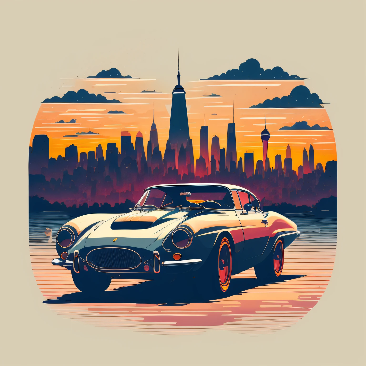 I would like a unique t-shirt design featuring a classic Ferrari in the backdrop of New York City.The illustration should showcase the nighttime view of the city, with its towering skyscrapers and vibrant lights.The classic Ferrari should be depicted with intricate details, highlighting its sleek and powerful design.To add a touch of futurism, incorporate reflections of lights on mirrored buildings.Include iconic elements like the Statue of Liberty or famous bridges to emphasize the New York City atmosphere.The illustration should convey a sense of speed, adventure, and the energetic pulse of the city.Combining realism with abstract elements, create a modern and dynamic style for the design.The t-shirt design should appeal to a broad audience, capturing the essence of both automotive enthusiasts and lovers of urban landscapes.Use high-quality vector graphics for optimal printing results.Please deliver the final design in a digital format compatible with common printing methods.