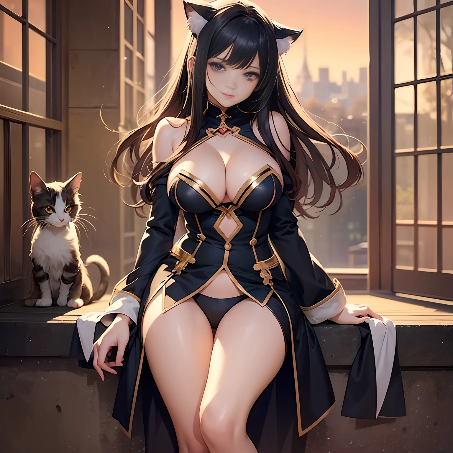 One woman, in underwear, breasts showing wide cleavage from herself, leaning forward, super beautiful girl very young woman, crotch open by herself, two legs, black hair, face is cat face, pleasant expression, photorealistic anime girl rendering, smooth anime cg art, seductive anime girl, beautiful charming anime teen, soft anime illustration, Japan person, charming anime girl, beautiful charming anime woman, real. IG Model | Art Germ, Anime. soft lighting,