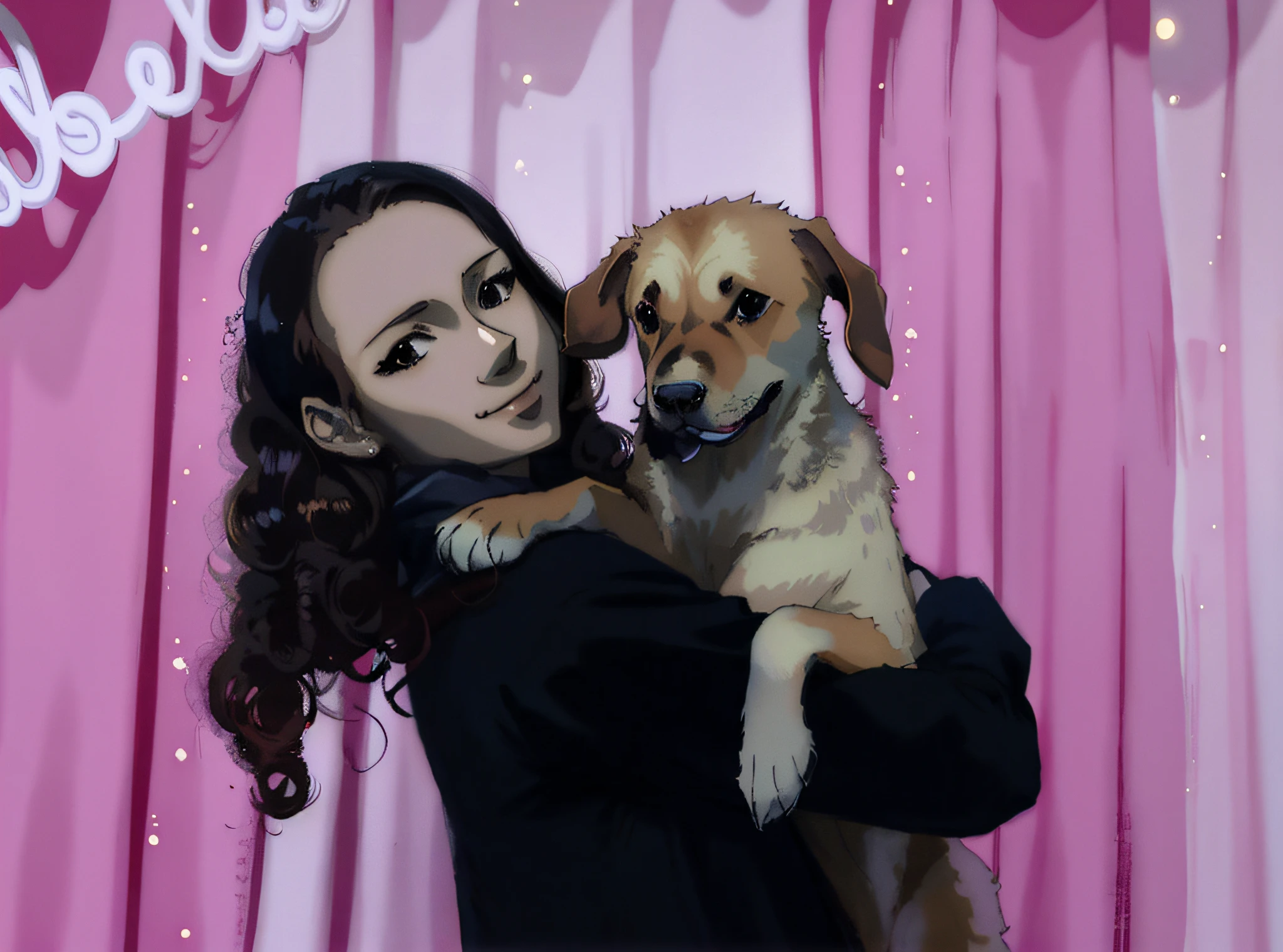 happy anime style, adolescent holding caramel dog, curly hair