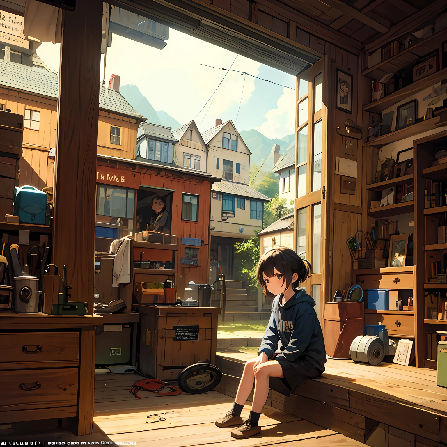 masterpiece, top quality, best quality, official art, beautiful and aesthetic, animation, A busy scene of a small, mechanical town with a boy sitting in his room, surrounded by small machines and tools, fixing something, curiosity and love for invention.