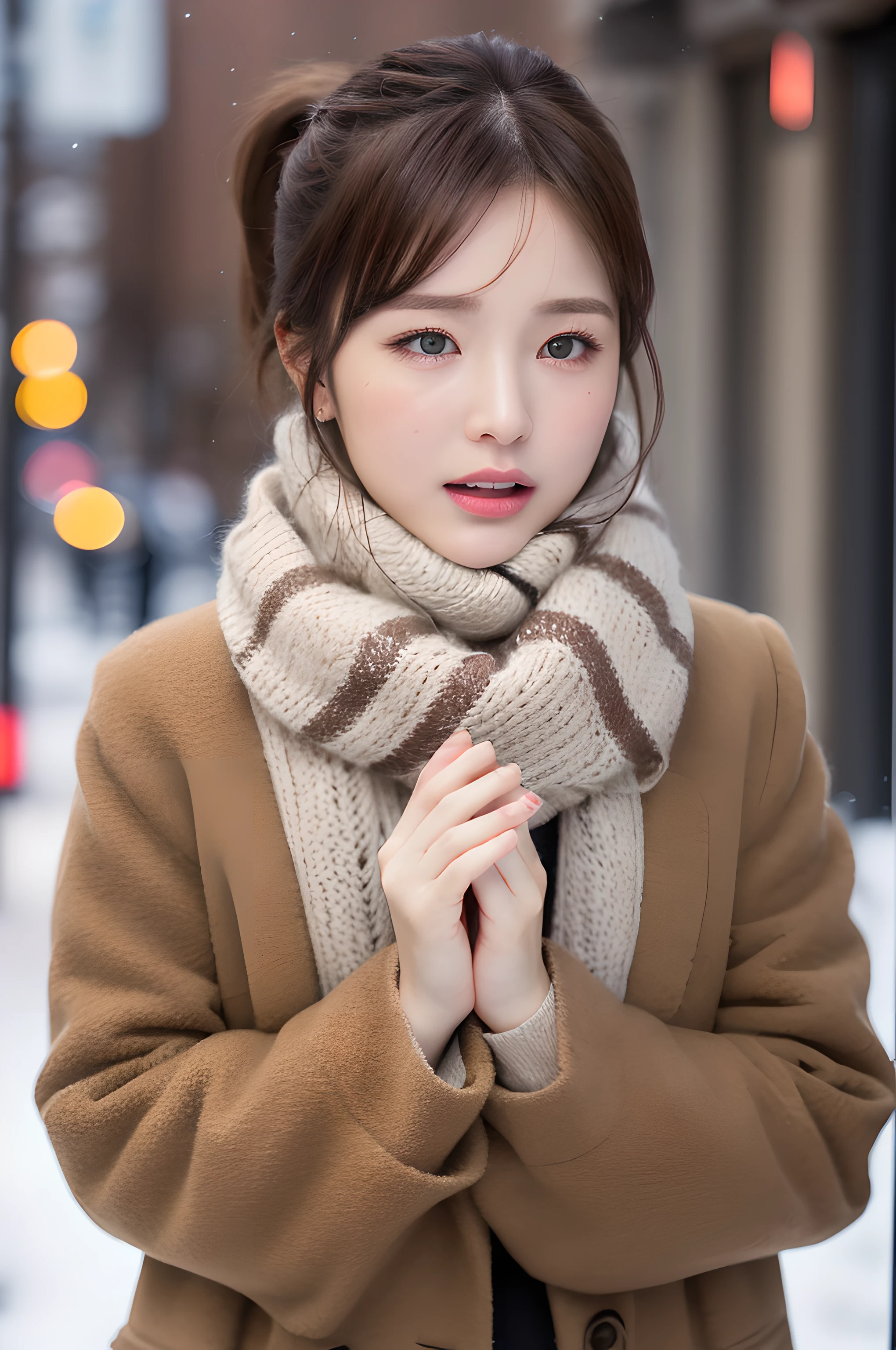 (masterpiece), (portrait), (aesthetic), (beautiful), (upper blody), (high quality), (aesthetic clothings), (professional angle), (rule of thirds), (Feminine), (woman), (female), (beautiful),(feminine features), (21 years), solo, 1 woman, (attractive Korean), Winter, (Snow), (Evening), (Soft Lighting light), ((Standing in Snow, Hands Clenched, Tear-Streaked Face)), (Clenched Hands), ((Looking Up Face)), ((Crying)), (Natural Make-up), (Any Bust), (-), ((Long Hair)), (Dark Brown Hair), (Straight Hair), (Ponytail hair), (- in Hair), (Wide Open Eyes), (Brown Eyes), (Devastated Look), Pale skin, (- Clothing), (Coat), (Scarf), (Skirt ), (Turtleneck Neckline), ((Winter Setting background)), (Full Shot Shot), beautiful hands, two hands, normal hands, two arms, complete hands, beautiful body, beautiful fingers, normal fingers, five fingers, five fingers, beautiful ears, normal ears, beautiful eyes, shiny eyes, beautiful mouth, beautiful lips,