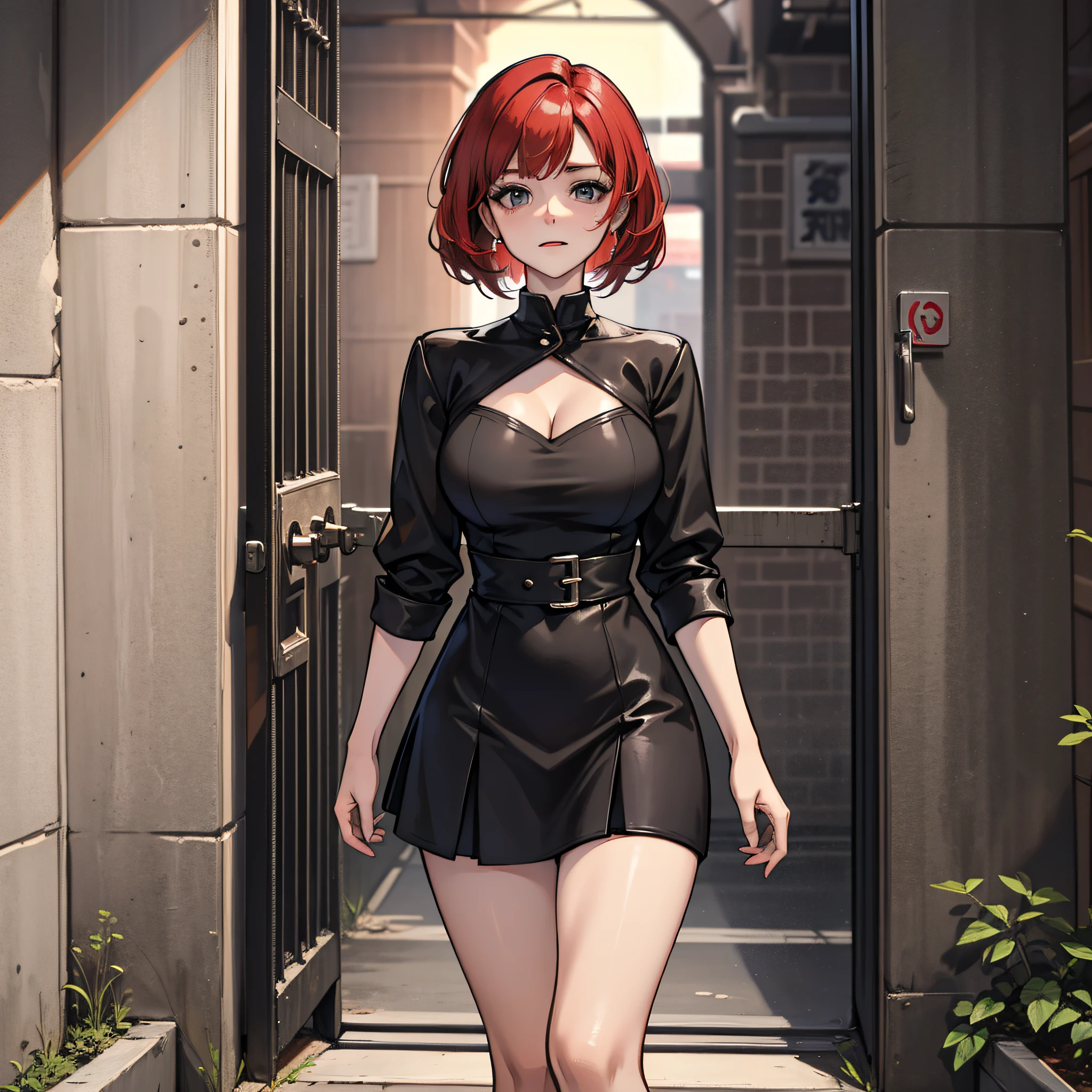 A woman in a black dress(short red tinted hair),proud,At the prison gate,High res,4K