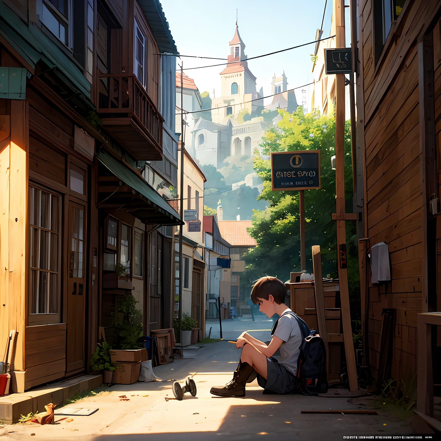 masterpiece, top quality, best quality, official art, beautiful and aesthetic, animation, A busy scene of a small, mechanical town with a boy sitting in his room, surrounded by small machines and tools, fixing something, curiosity and love for invention.