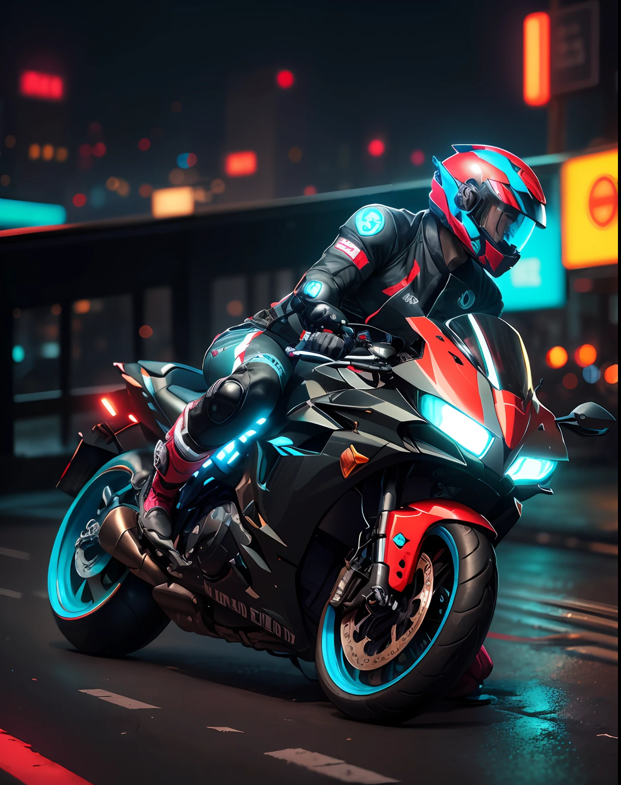 best quality, masterpiece, high quality,realistic,finely detailed,ultra high res,1 boy with a helmet riding a motorcycle,Mechanical body,Mechanical clothers,mecha, Glowing helmet,sitting on a motorcycle,(Neon clothes:1),background,hlurry,starry sky,colourful background,bokeh,(neon light:1),portrait,sidelocks,Cyberpunk clothes,Glowing clothes