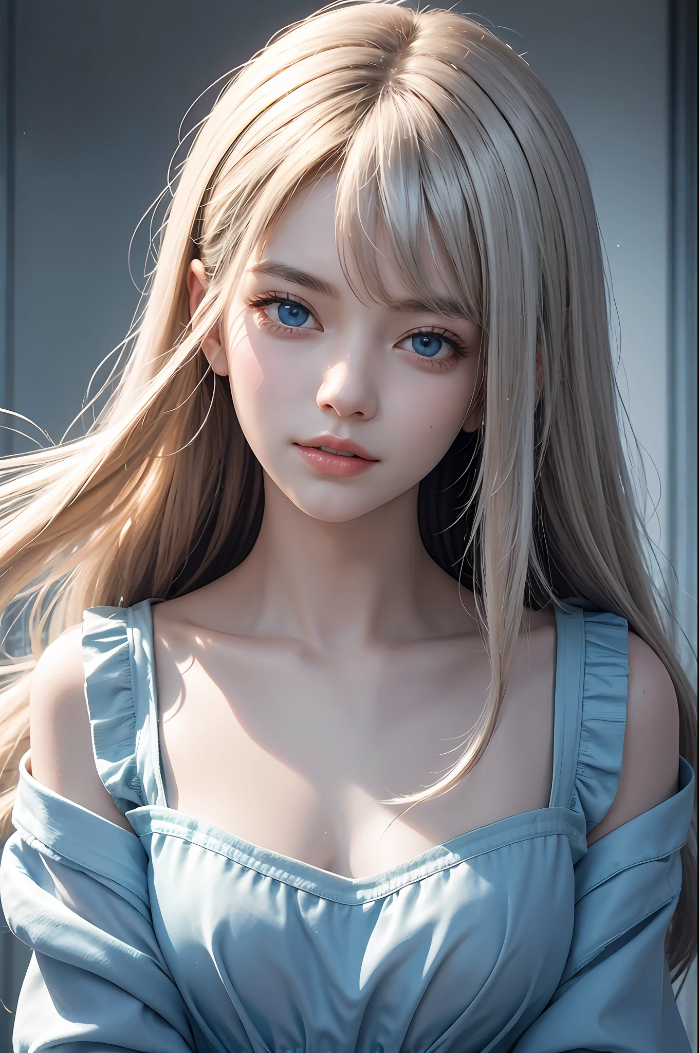 A close up of a woman with long blonde hair and blue eyes - SeaArt AI
