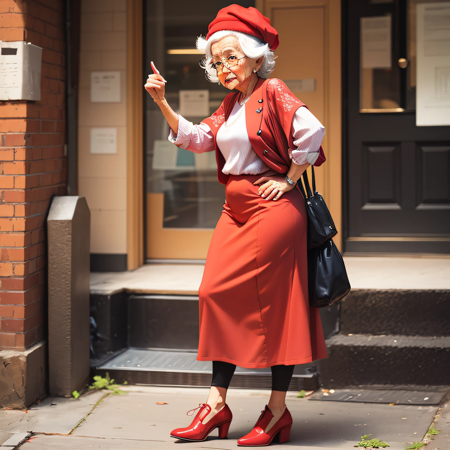 Old lady in a red hat, full body, pose variation, picture book style, cute