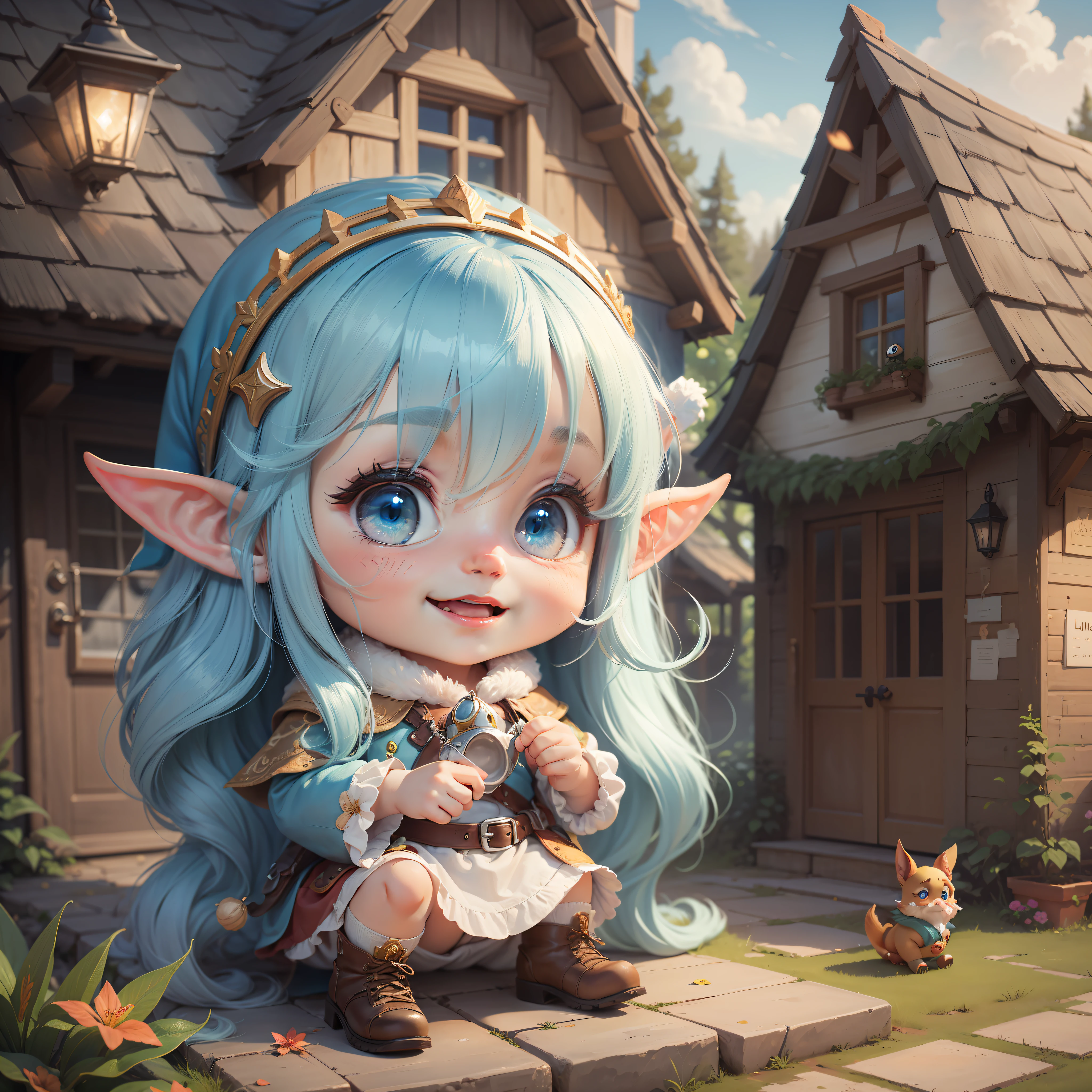 A scene with medium range: on the left there is Melvin ,a cute gnome, that is slipping on the steps of his cute house. On the right of the scene there is Lilly hidden behind the bush , little elf girl 6 year's old with big and sweet blue eyes, long blue hair, cute face, adorable digital painting, portrait of very beautiful elf, cute detailed digital art, with a sly look and a very mischievous expression, that is laughing . --auto --s2