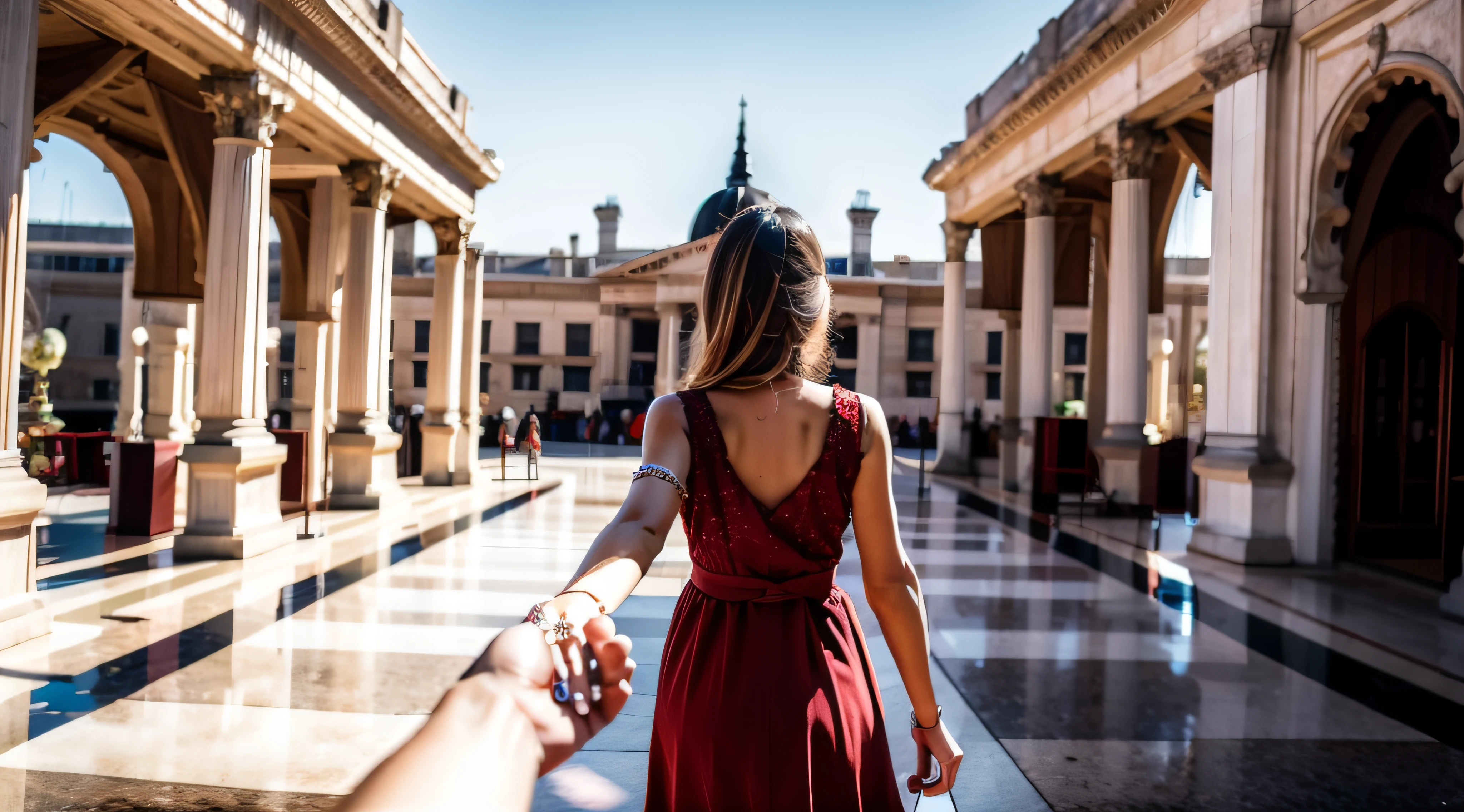 1girl, ultra detailed, highres, masterpiece,
by_style, bf_holding_hands, 1girl holding hands with viewer, walking in the palace,