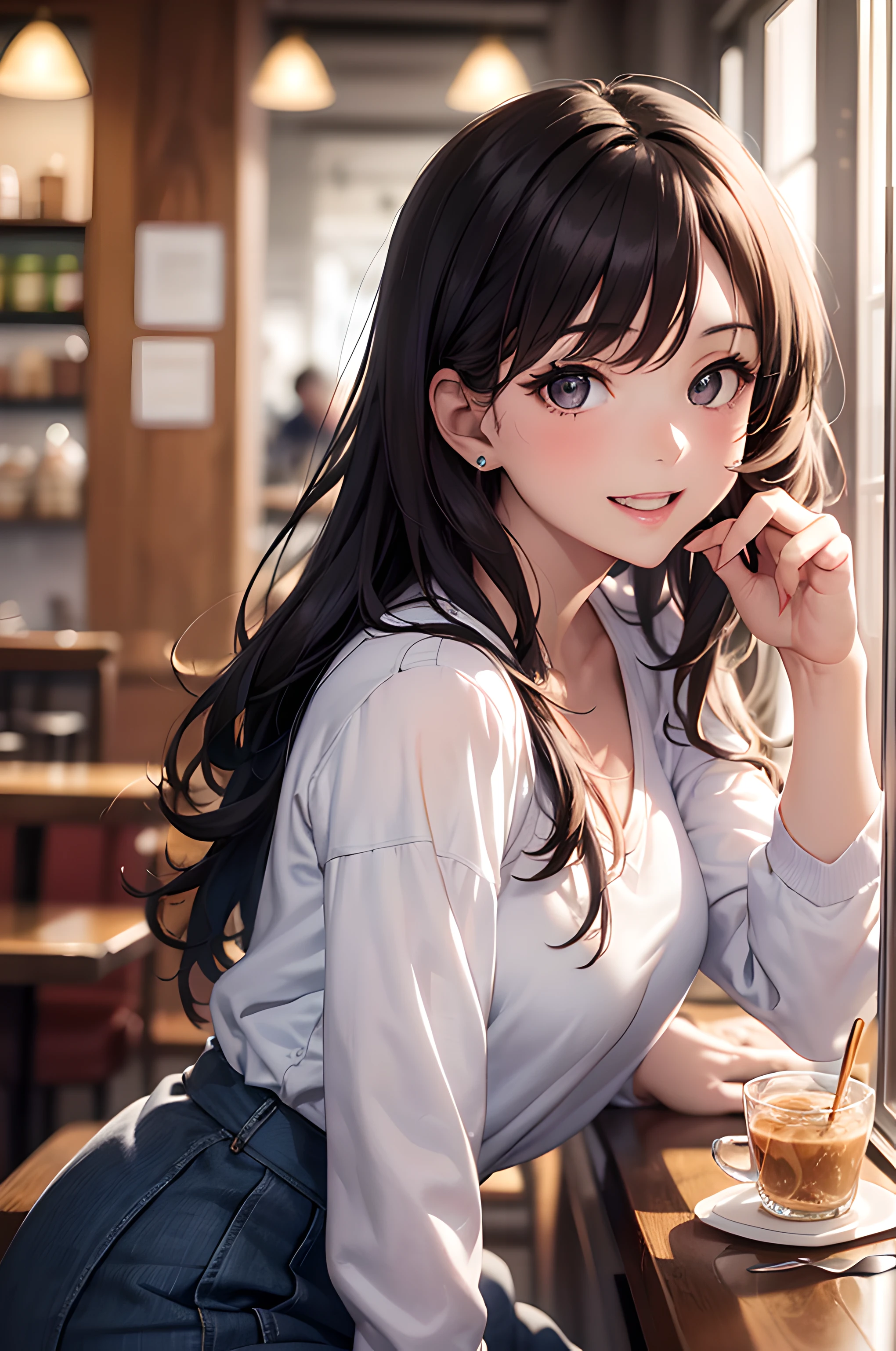 (masterpiece), (portrait), (aesthetic), (beautiful), (upper blody), (high quality), (aesthetic clothings), (professional angle), (rule of thirds), (Feminine), (woman), (female), (beautiful),(feminine features), (21 years), solo, 1 woman, (attractive Italian), Summer, (-), (Afternoon), (Bright Lighting light), ((Laughing in a Cafe, Friends Joking Around)), (Clean Hands), ((Looking at Friends Face)), ((Laughter)), (Natural Make-up), (Any Bust), (Cup), ((Long Hair)), (Brunette Hair), (Wavy Hair), (Loose hair), (- in Hair), (Wide Open Eyes), (Brown Eyes), (Joyful Look), Olive skin, (- Clothing), (Casual), (-), (Skirt ), (Scoop Neck Neckline), ((Cafe Setting background)), (Medium Shot Shot), beautiful hands, two hands, normal hands, two arms, complete hands, beautiful body, beautiful fingers, normal fingers, five fingers, five fingers, beautiful ears, normal ears, beautiful eyes, shiny eyes, beautiful mouth, beautiful lips,