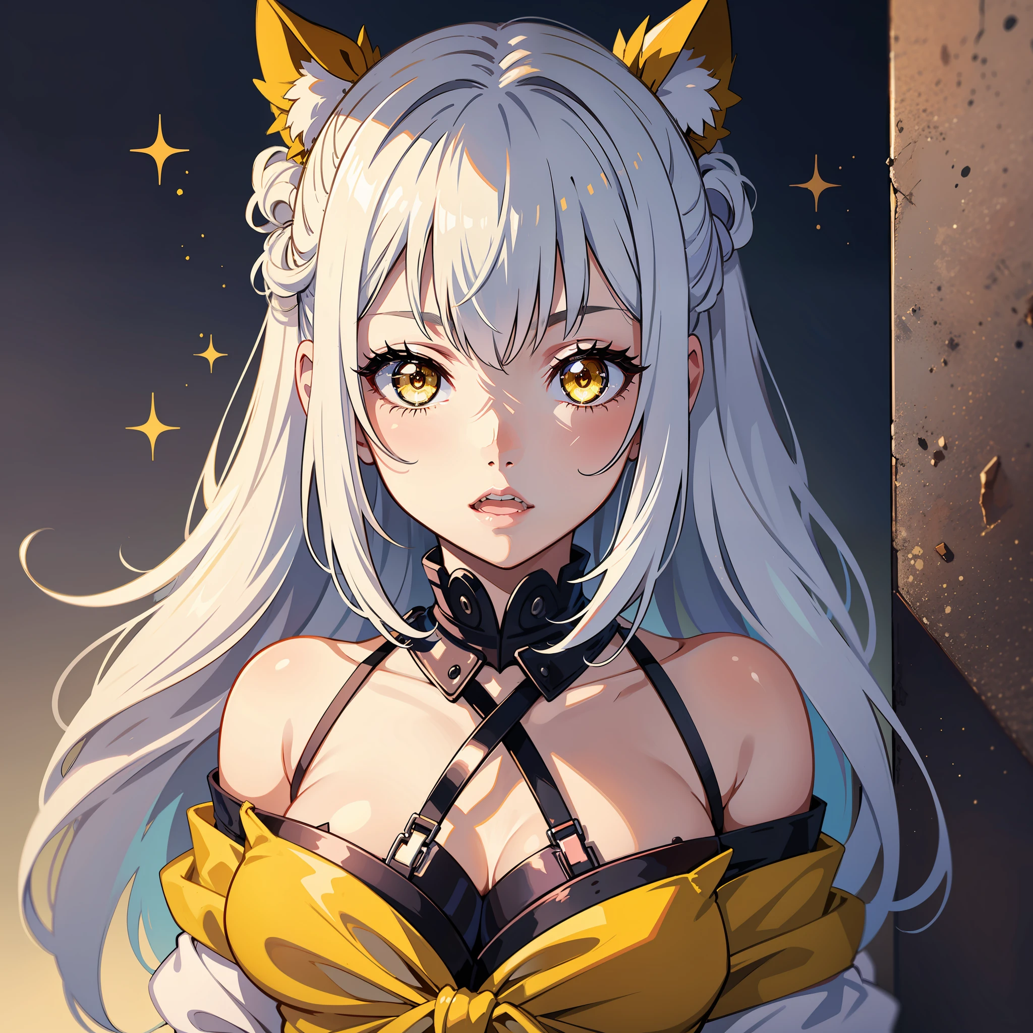 "A girl with sparkling yellow eyes and white hair impresses with her cuteness."