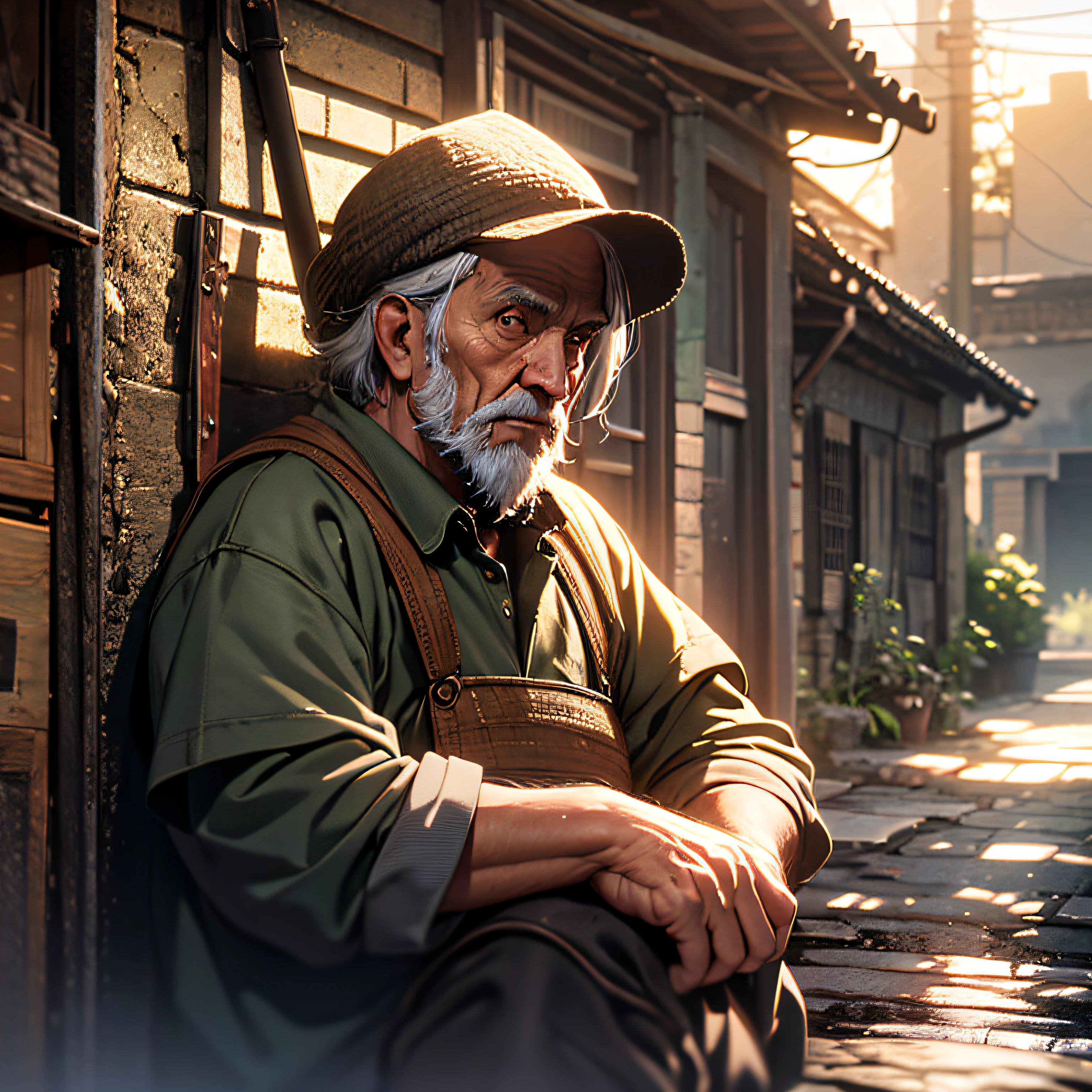 Cinematic old peasant, fine details, 8k, dark shot, soft volumetric lights, backlit, intricate details, HDR, ray tracing, realistic